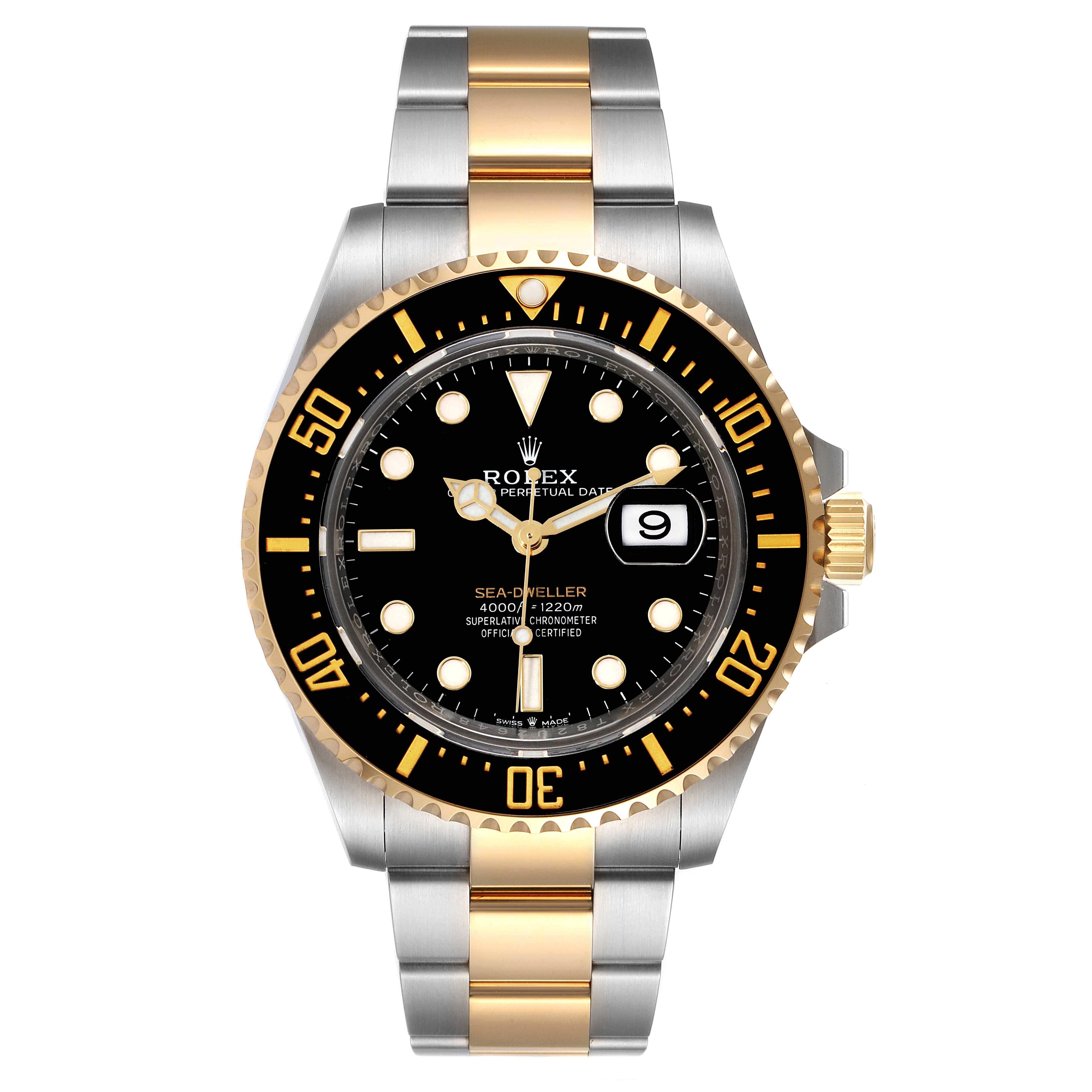 This image shows a front view of the Rolex Sea-Dweller 126603 Men
s Steel and Gold (two tone) Black Dial 126603 Men
s Steel and Gold (two tone) Black Dial watch, highlighting its bezel, dial, and bracelet.