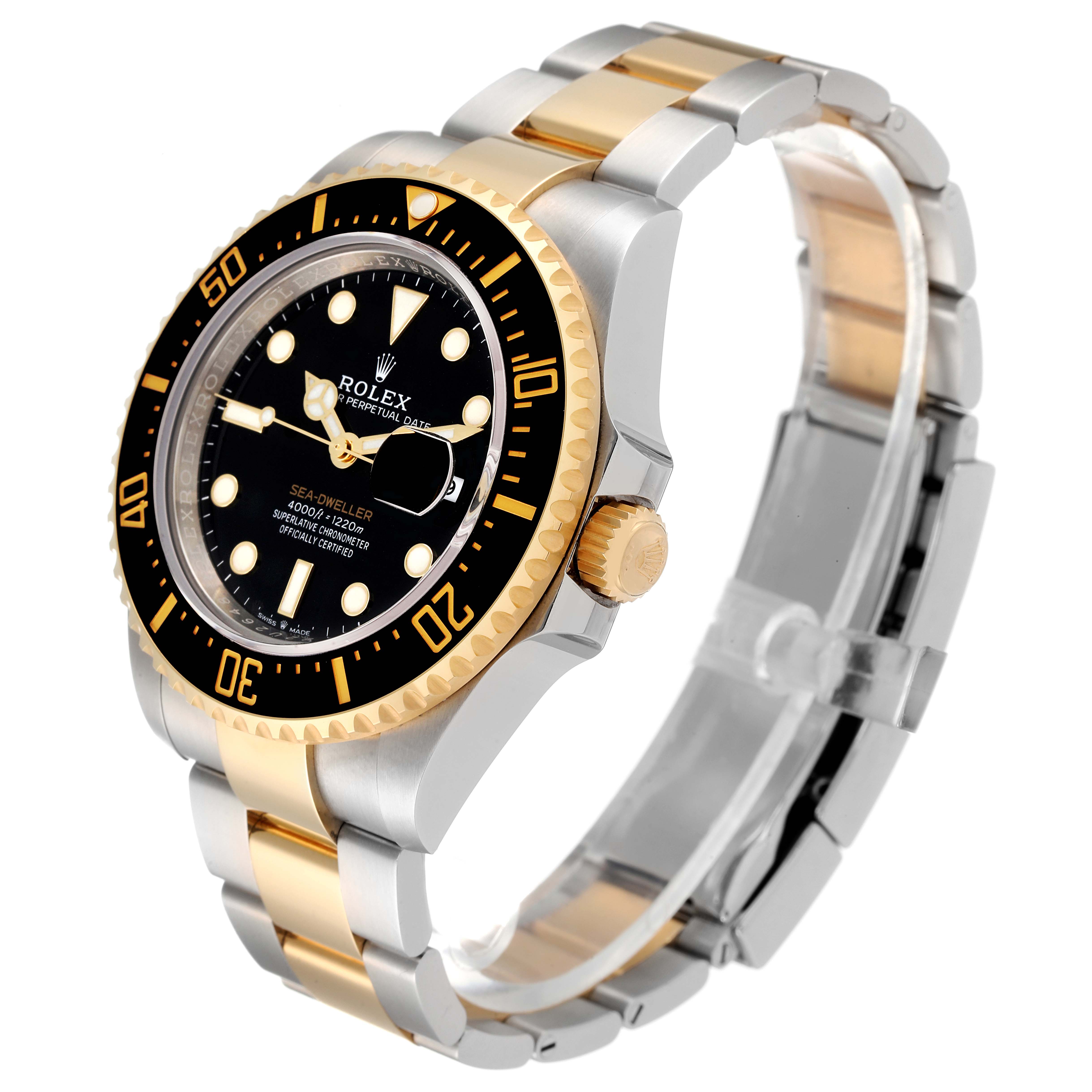 The image shows a Rolex Sea-Dweller 126603 Men
s Steel and Gold (two tone) Black Dial 126603 Men
s Steel and Gold (two tone) Black Dial watch at a slight right angle, displaying the face, bezel, case, and bracelet.