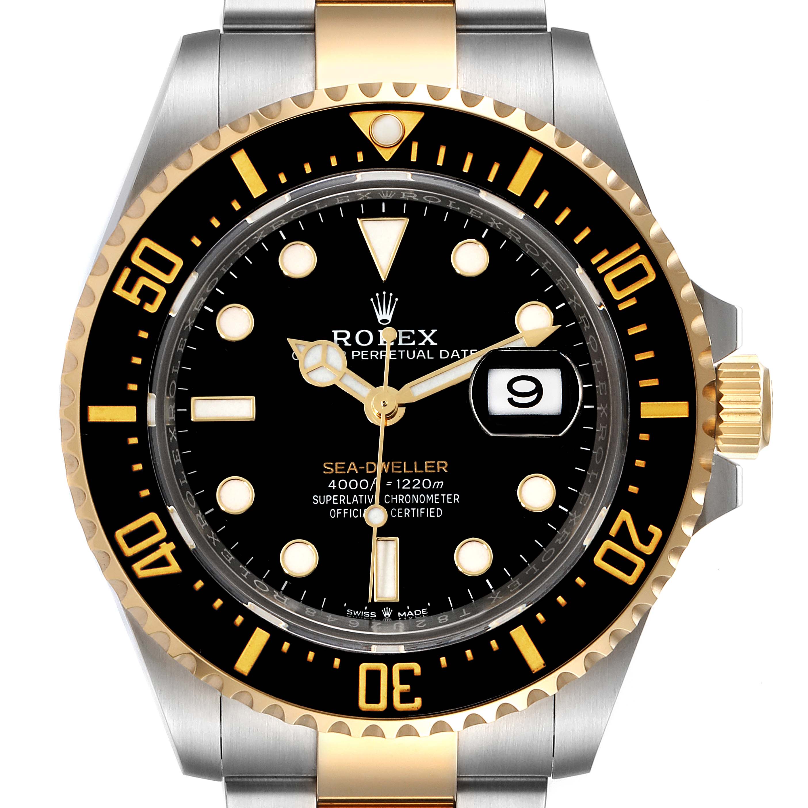 The image shows a front view of a Rolex Sea-Dweller 126603 Men
s Steel and Gold (two tone) Black Dial 126603 Men
s Steel and Gold (two tone) Black Dial watch, highlighting the dial, bezel, and a portion of the bracelet.