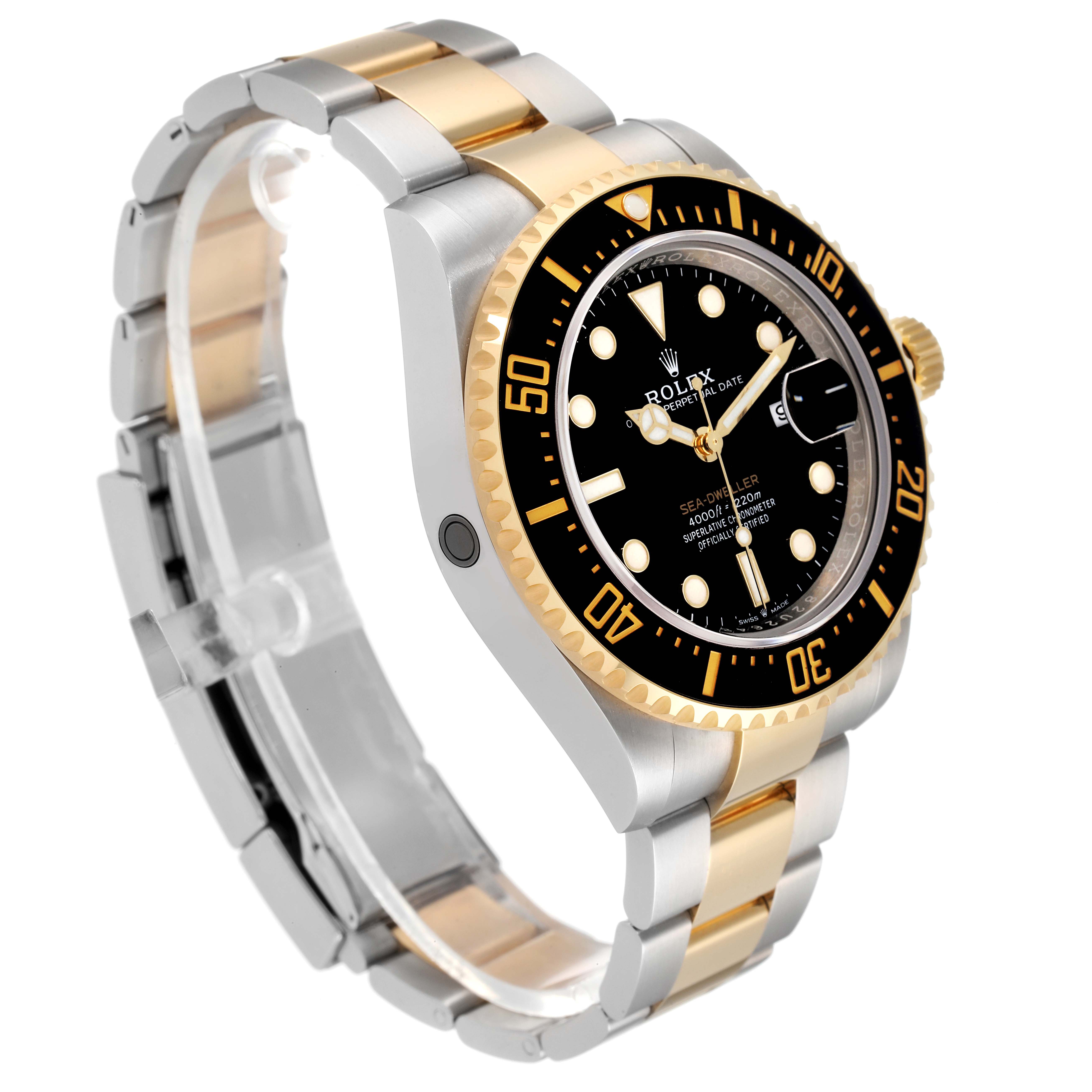 The image shows a side view of a Rolex Sea-Dweller 126603 Men
s Steel and Gold (two tone) Black Dial 126603 Men
s Steel and Gold (two tone) Black Dial watch showcasing its bezel, dial, and two-tone bracelet.