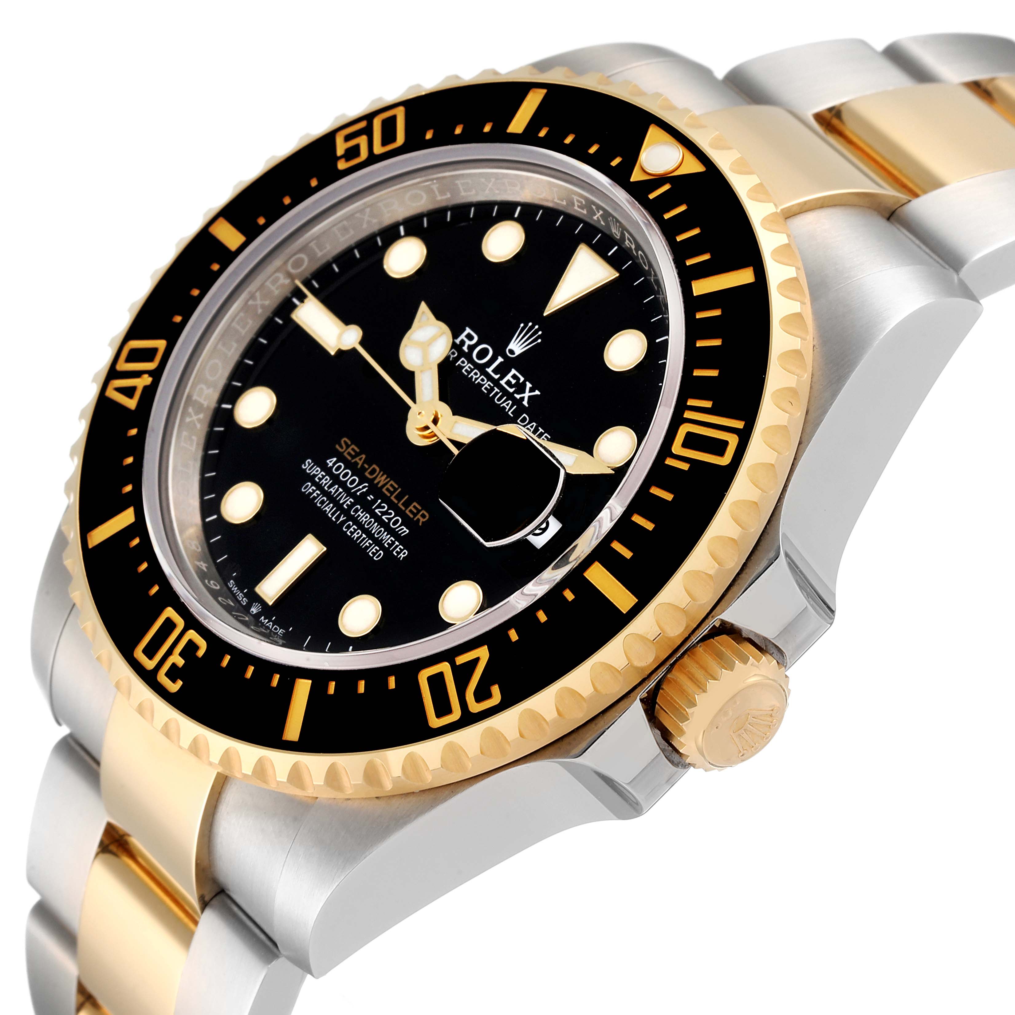 This image shows a gold and steel Rolex Sea-Dweller 126603 Men
s Steel and Gold (two tone) Black Dial 126603 Men
s Steel and Gold (two tone) Black Dial watch at an angle highlighting the face, bezel, crown, and band.