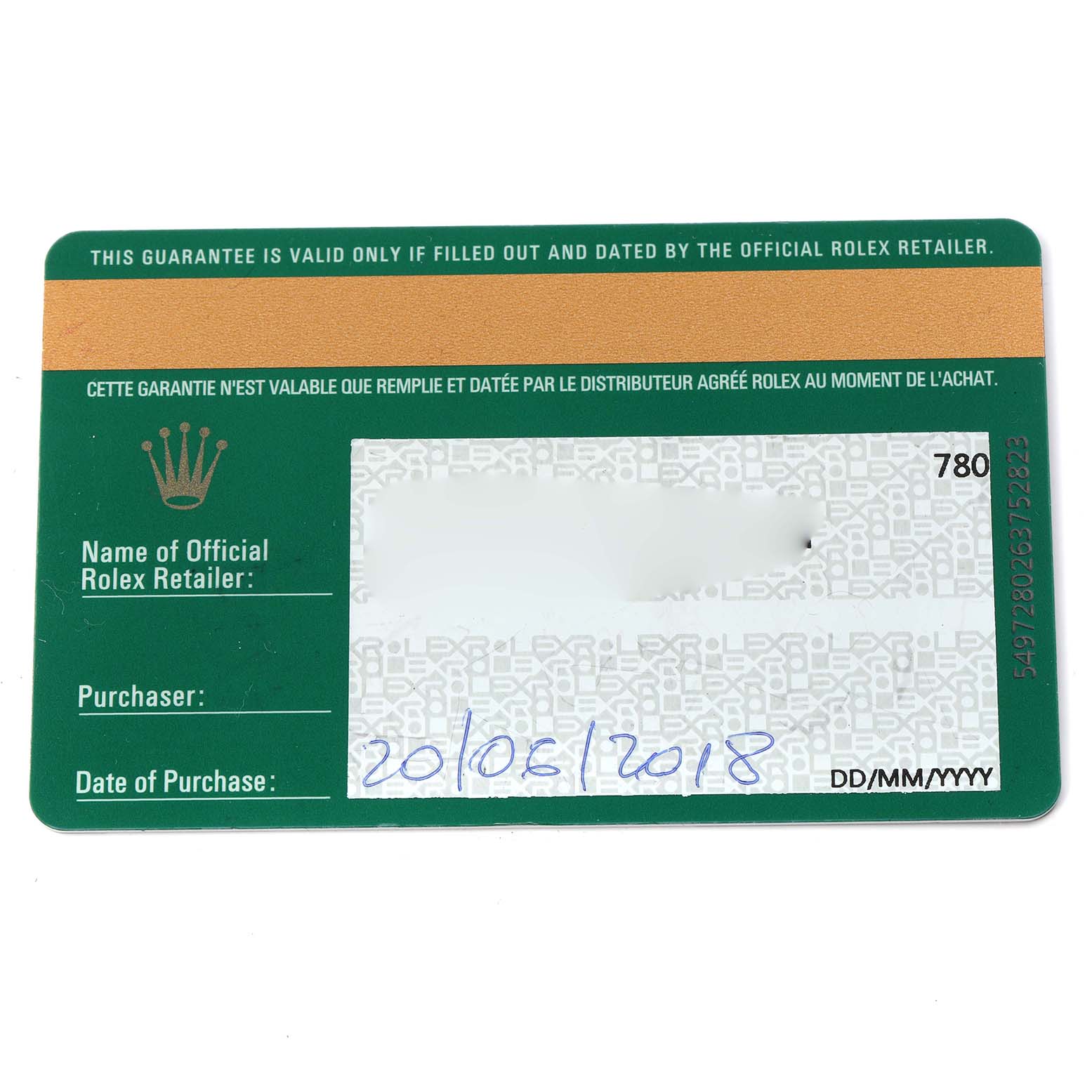 The image shows a Rolex Sea-Dweller 126660 Men
s Stainless Steel Blue Dial 126660 Men
s Stainless Steel Blue Dial guarantee card viewed from above, displaying purchase details.