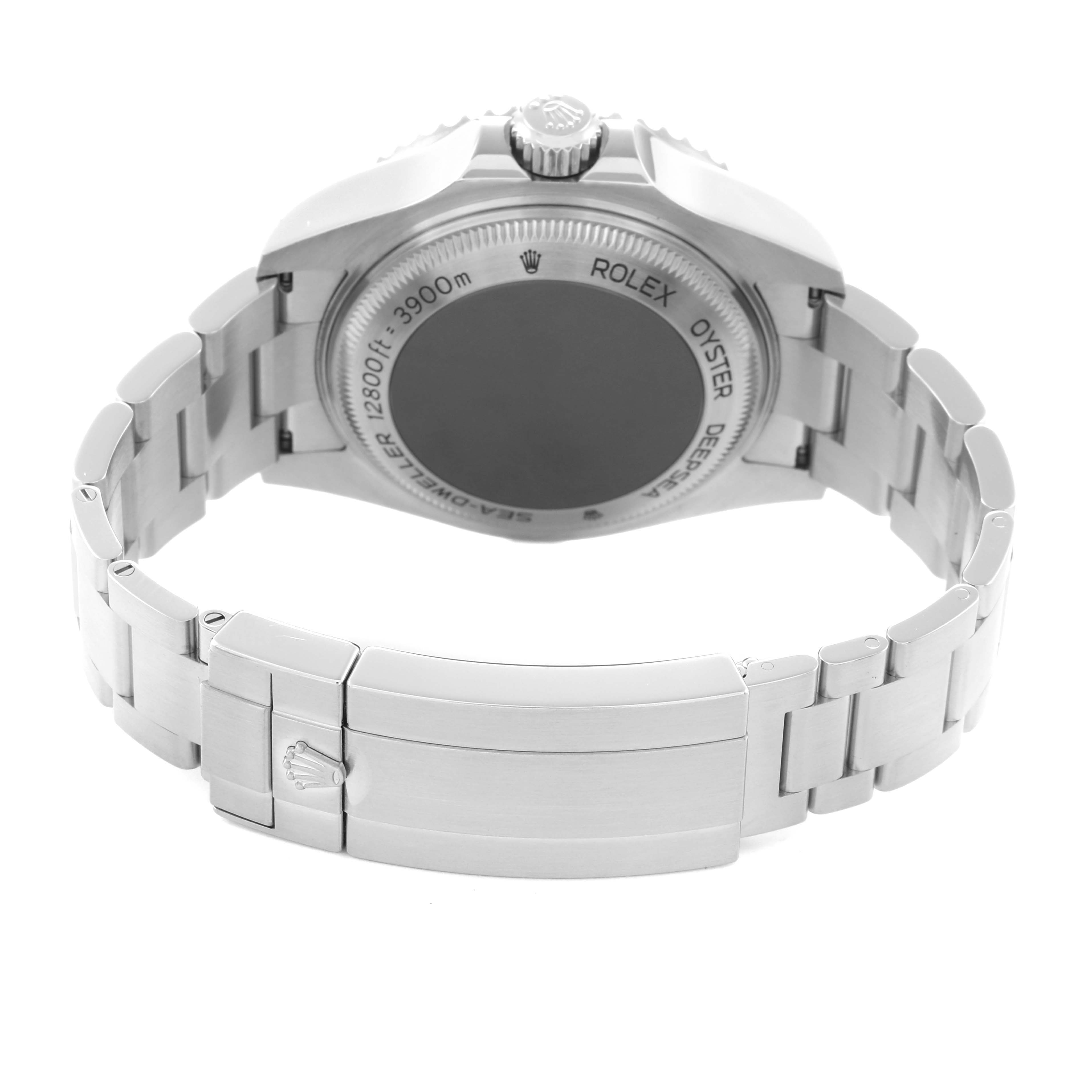 The image shows the back view of a Rolex Sea-Dweller 126660 Men
s Stainless Steel Blue Dial 126660 Men
s Stainless Steel Blue Dial watch, highlighting the case back and bracelet clasp.