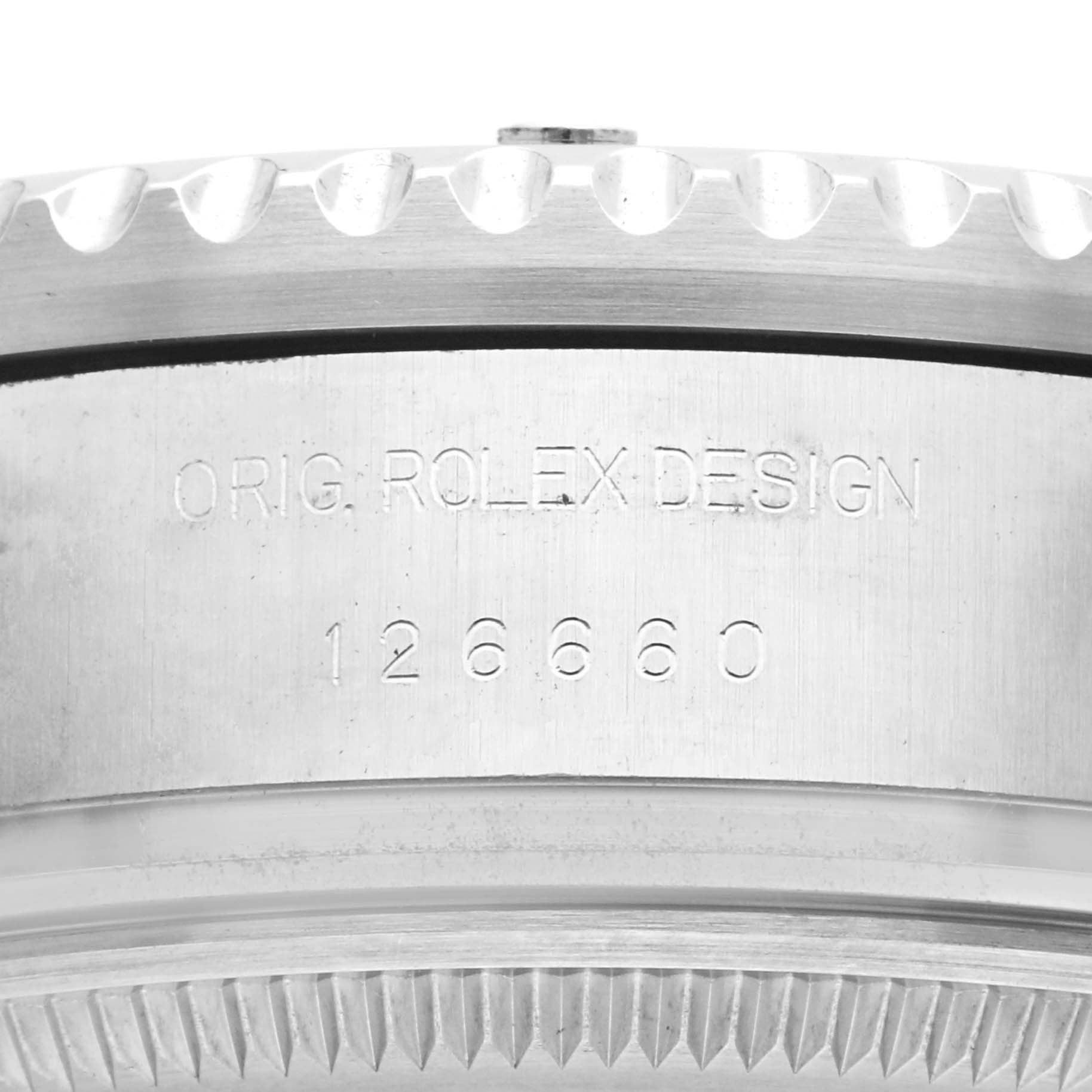 The image shows a close-up of the bezel and side of the Rolex Sea-Dweller 126660 Men
s Stainless Steel Blue Dial 126660 Men
s Stainless Steel Blue Dial, highlighting the model number 126660.