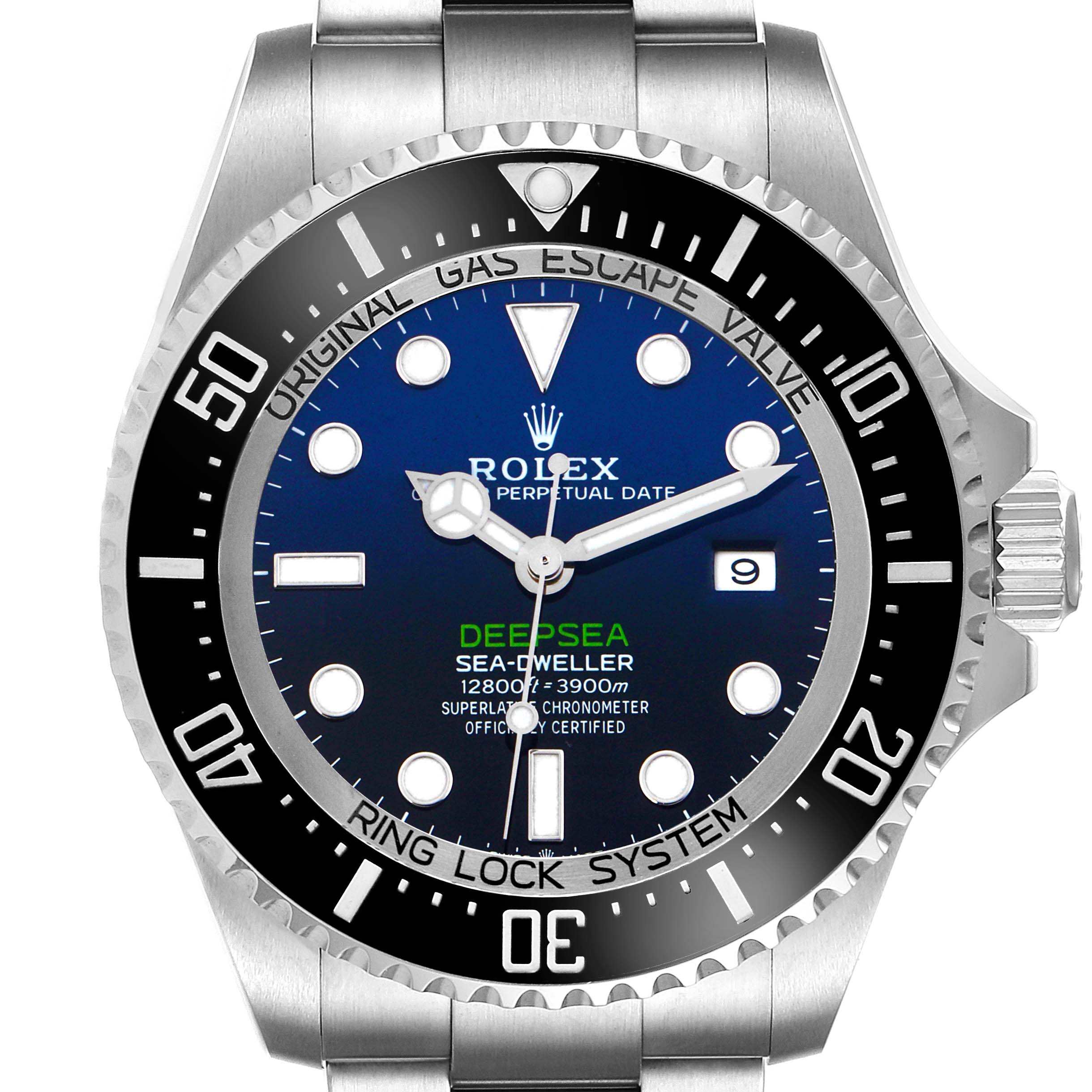 The Rolex Sea-Dweller 126660 Men
s Stainless Steel Blue Dial 126660 Men
s Stainless Steel Blue Dial watch is shown from the front, displaying the dial, bezel, and part of the bracelet.