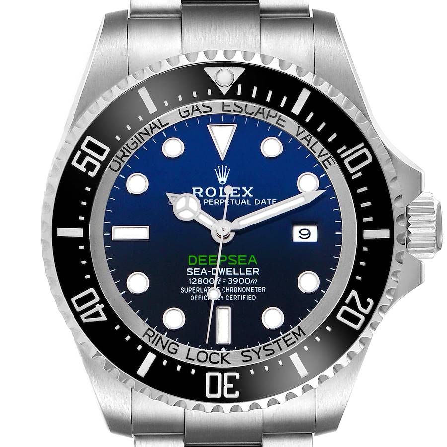 The Rolex Sea-Dweller watch is shown from the front, displaying the dial, bezel, and part of the bracelet.