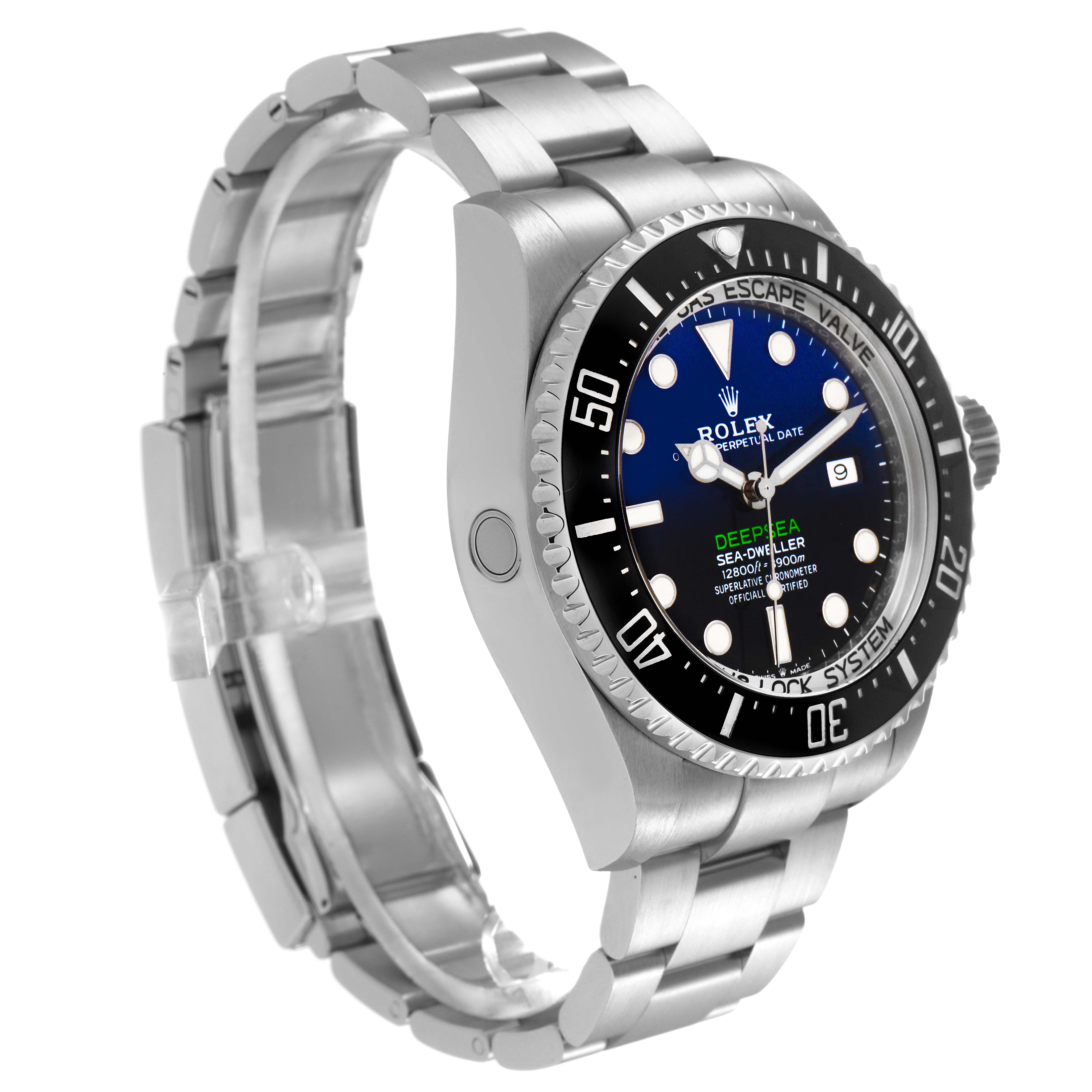 The Rolex Sea-Dweller 126660 Men
s Stainless Steel Blue Dial 126660 Men
s Stainless Steel Blue Dial watch is shown at an angled side view, displaying the bracelet, bezel, dial, and helium escape valve.
