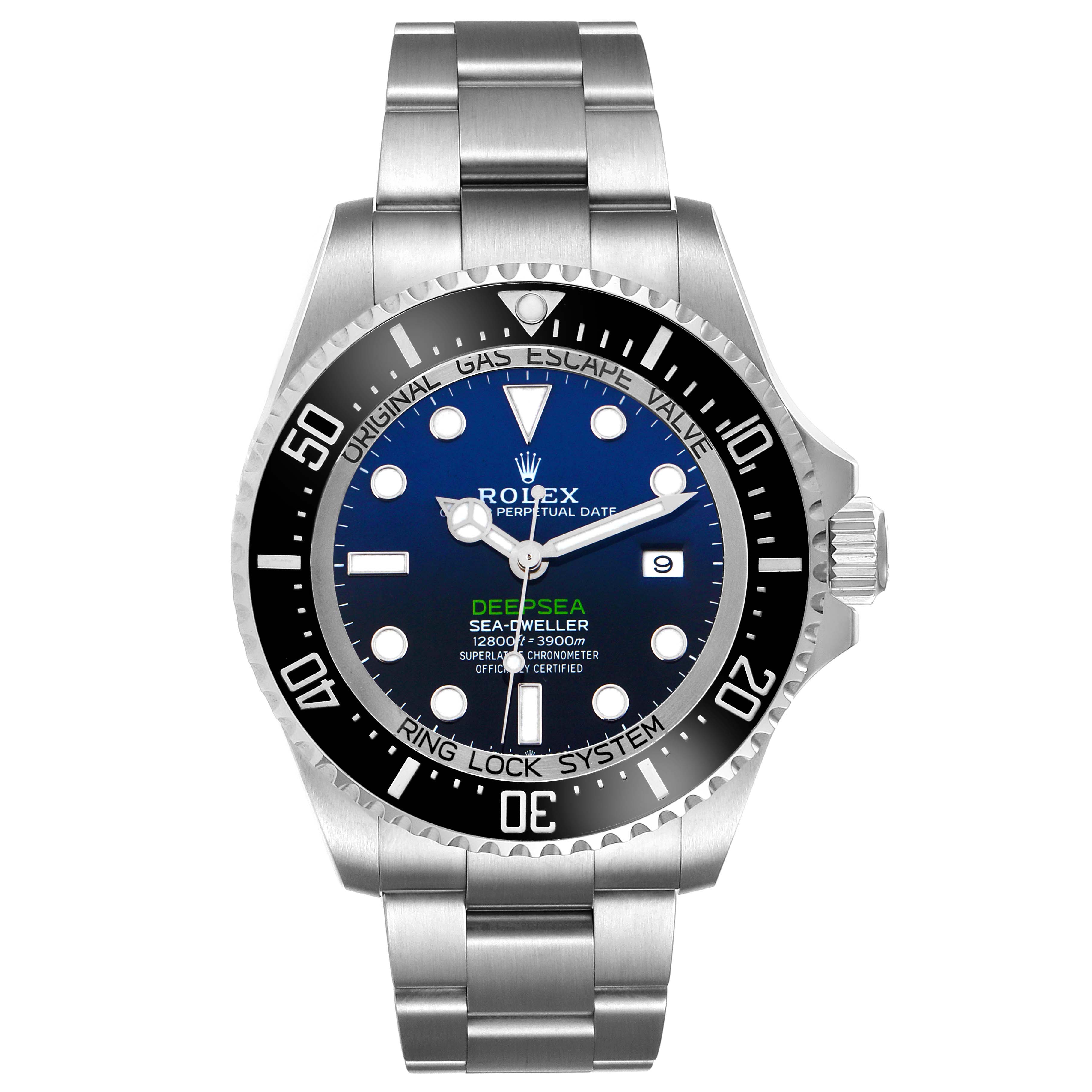 The Rolex Sea-Dweller 126660 Men
s Stainless Steel Blue Dial 126660 Men
s Stainless Steel Blue Dial watch is shown from a front angle, displaying its dial, bezel, and stainless steel bracelet.
