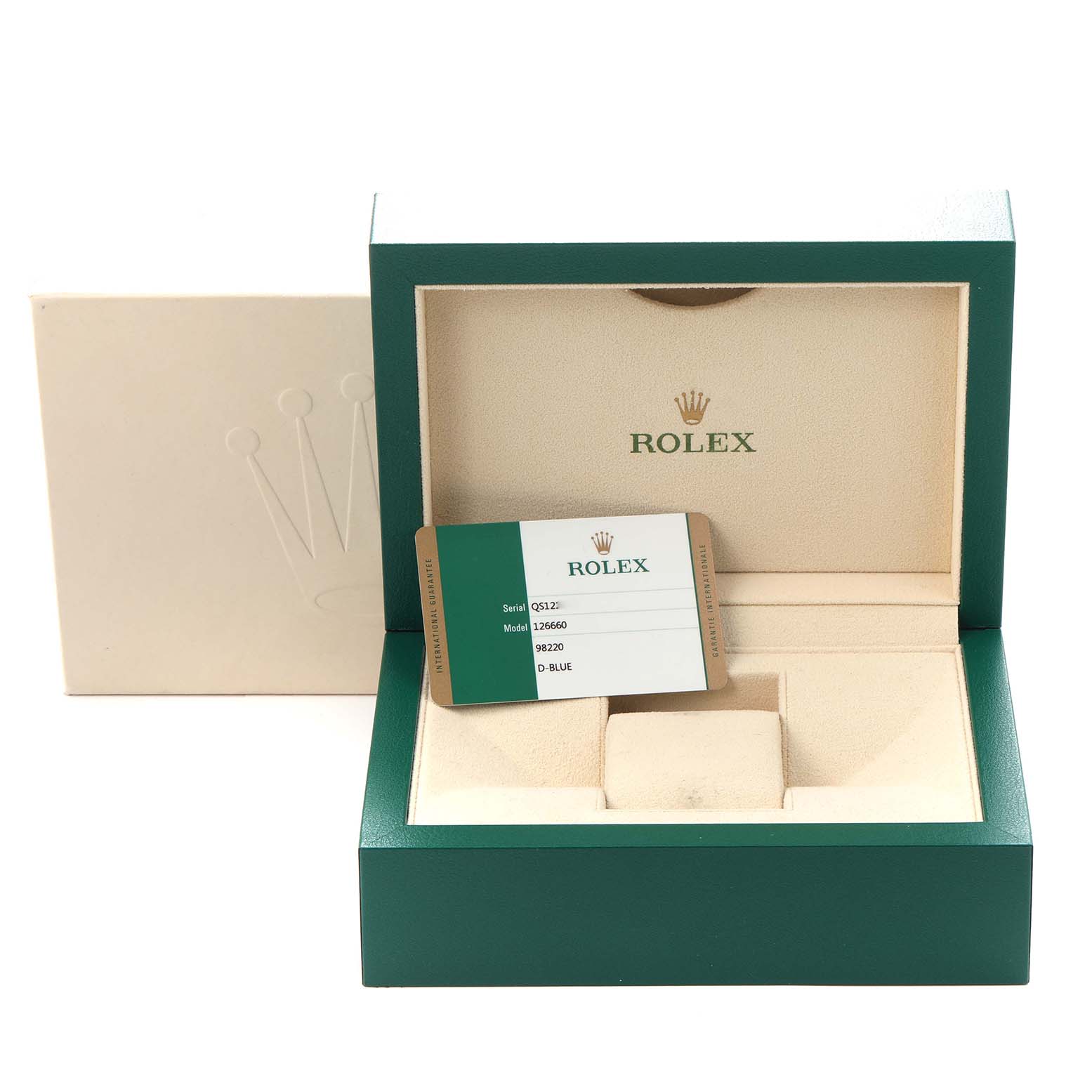 The image shows an open Rolex Sea-Dweller 126660 Men
s Stainless Steel Blue Dial 126660 Men
s Stainless Steel Blue Dial watch box with a card featuring model details.