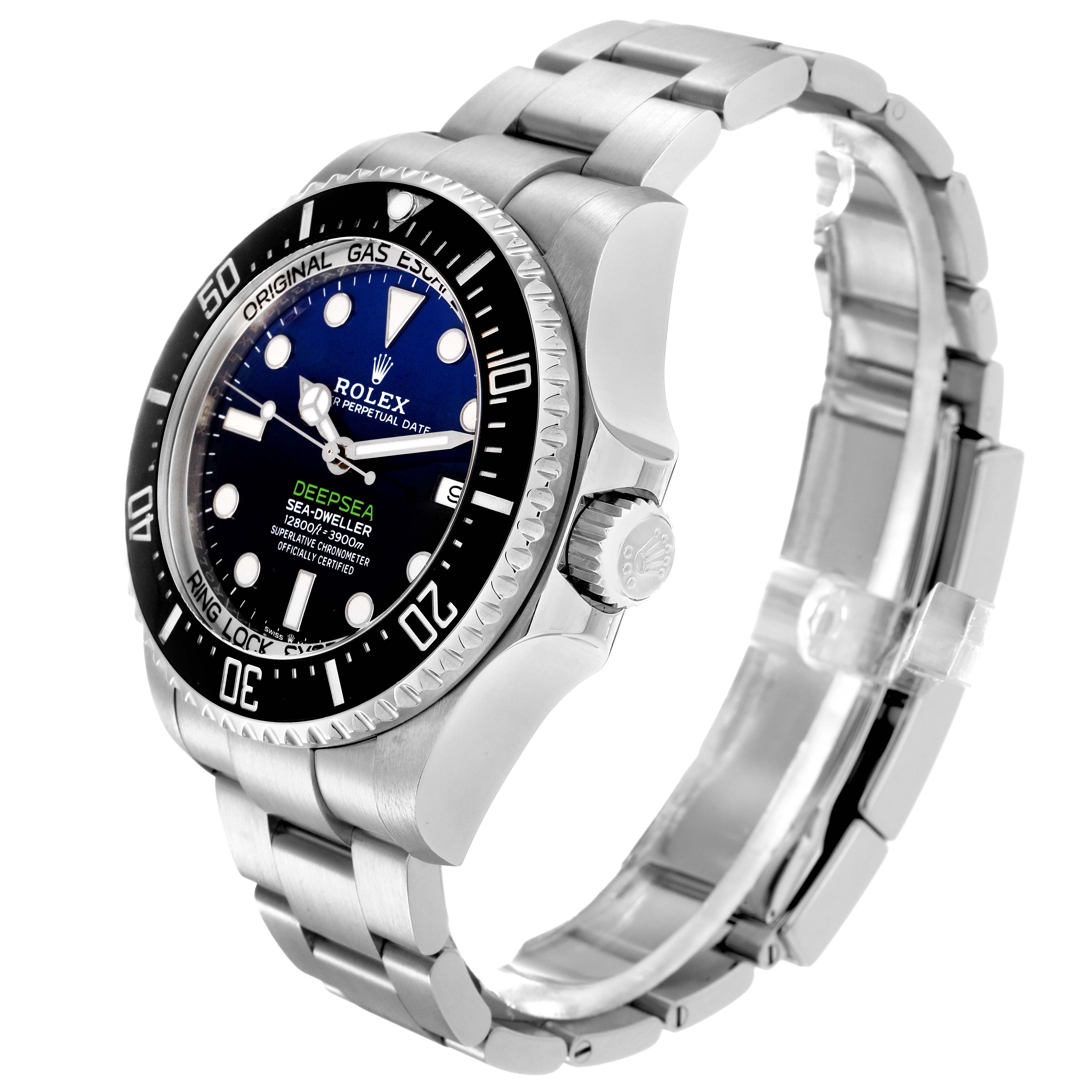 The Rolex Sea-Dweller 126660 Men
s Stainless Steel Blue Dial 126660 Men
s Stainless Steel Blue Dial watch is shown from a front-side angle, highlighting the dial, bezel, case, crown, and bracelet.