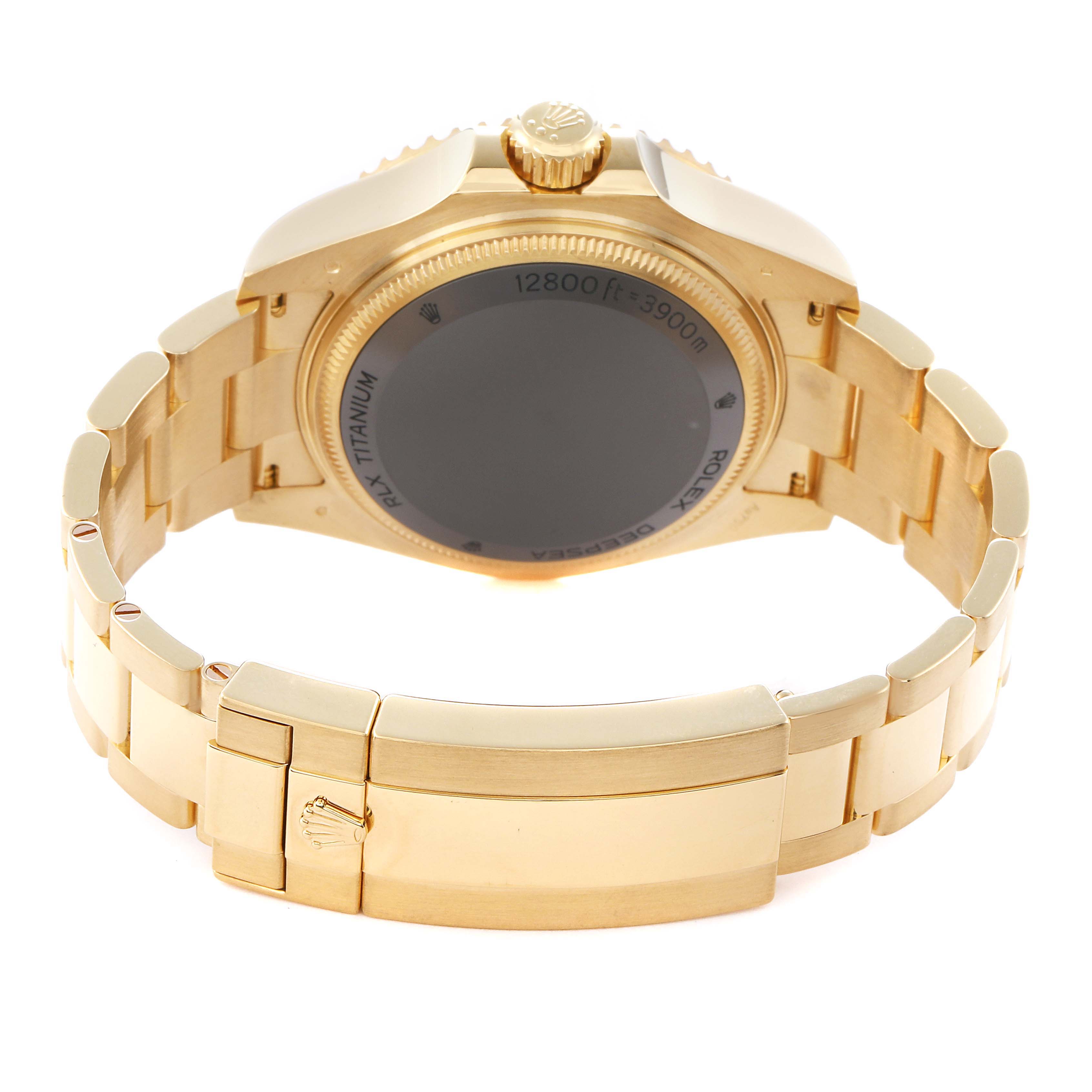 The image shows the backside of a Rolex Sea-Dweller 136668LB Men
s Yellow Gold Blue Dial 136668LB Men
s Yellow Gold Blue Dial, highlighting the case back, bracelet, and clasp.