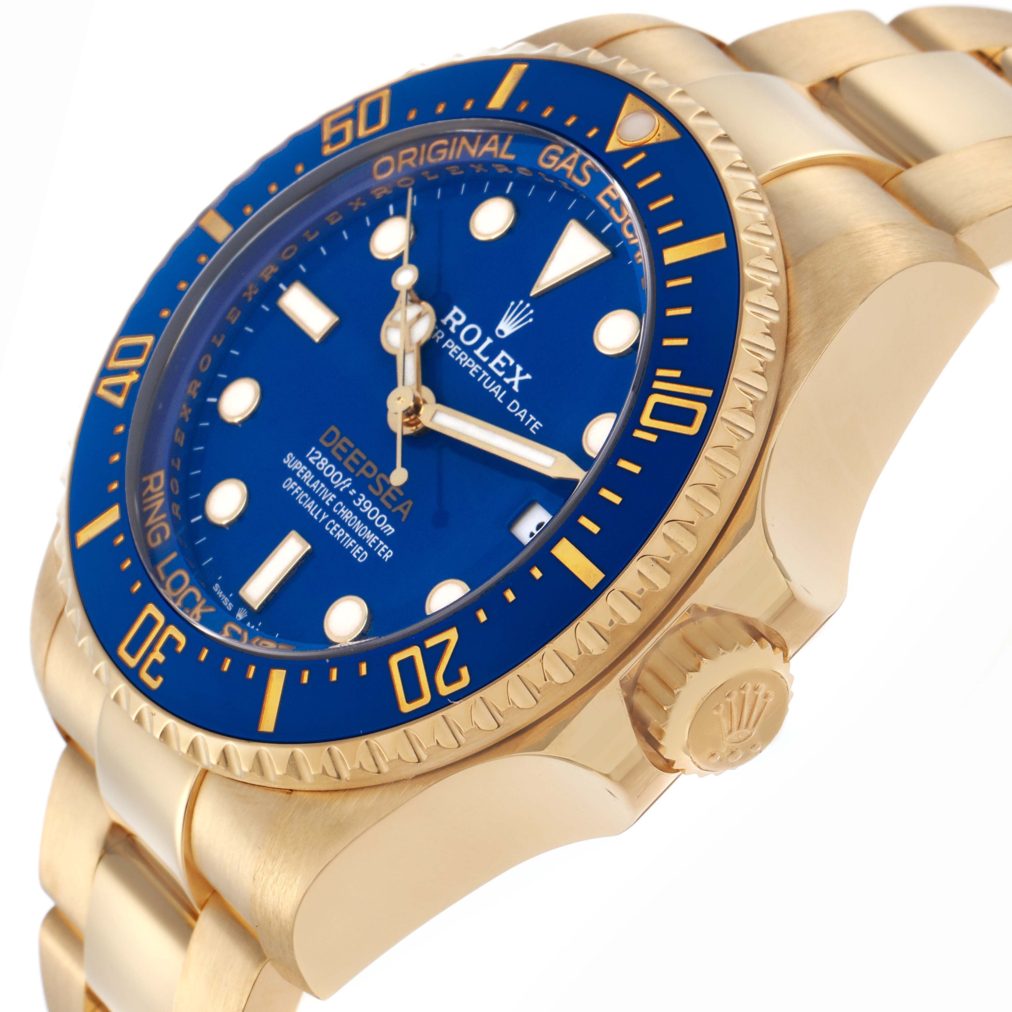 The Rolex Sea-Dweller 136668LB Men
s Yellow Gold Blue Dial 136668LB Men
s Yellow Gold Blue Dial watch is shown at an angle highlighting the blue dial, bezel, crown, and part of the bracelet.