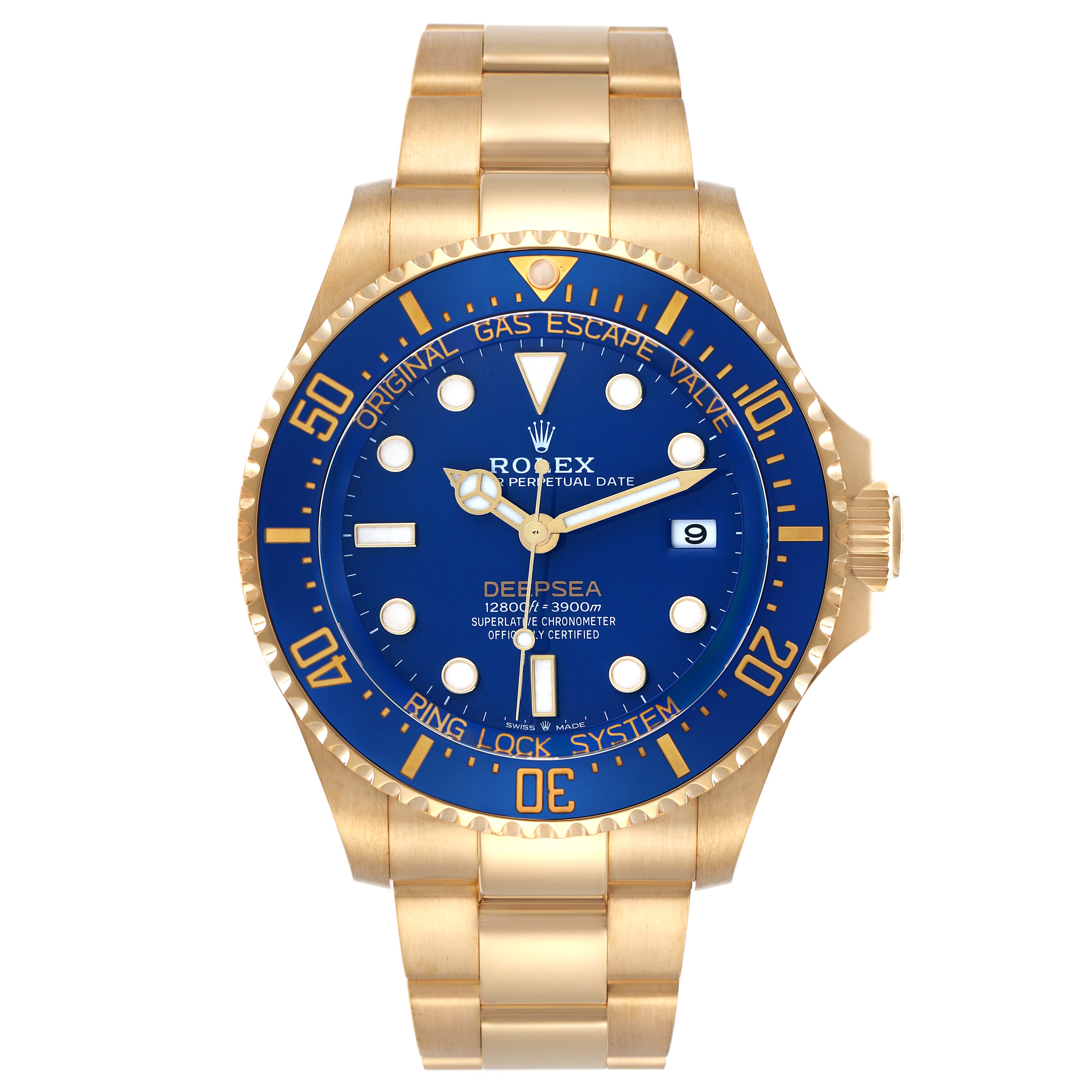 The Rolex Sea-Dweller 136668LB Men
s Yellow Gold Blue Dial 136668LB Men
s Yellow Gold Blue Dial watch is shown from the front, highlighting the dial, bezel, and bracelet.