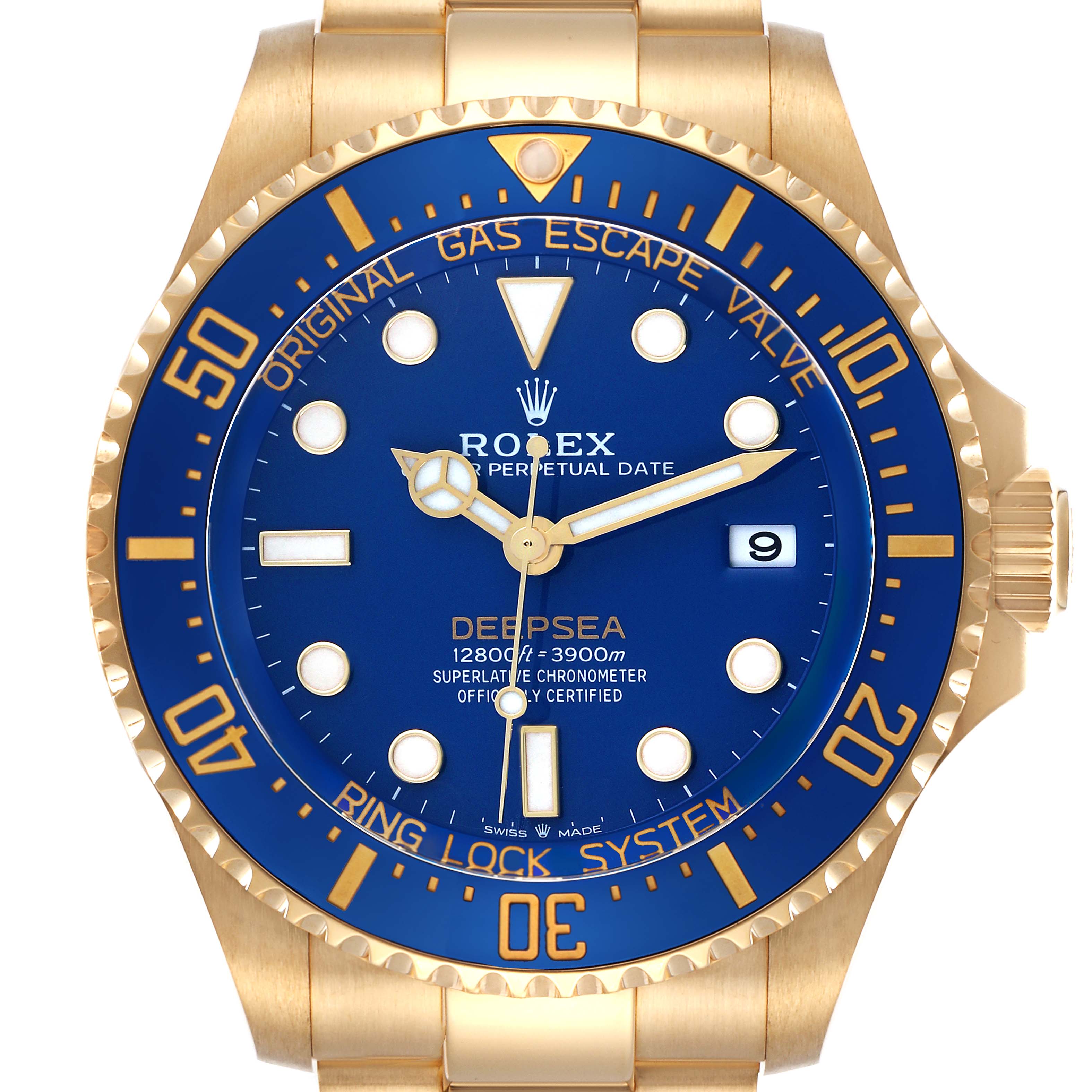 The Rolex Sea-Dweller 136668LB Men
s Yellow Gold Blue Dial 136668LB Men
s Yellow Gold Blue Dial watch is shown from a front angle, highlighting the face, bezel, and part of the band.