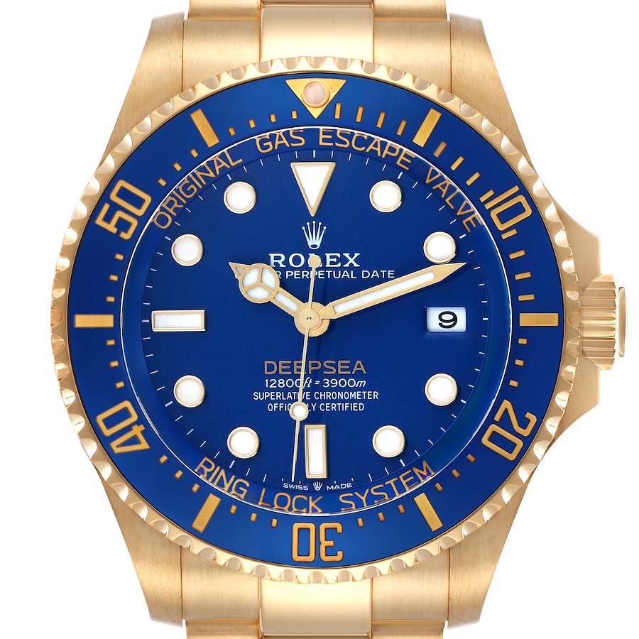 The Rolex Sea-Dweller watch is shown from a front angle, highlighting the face, bezel, and part of the band.