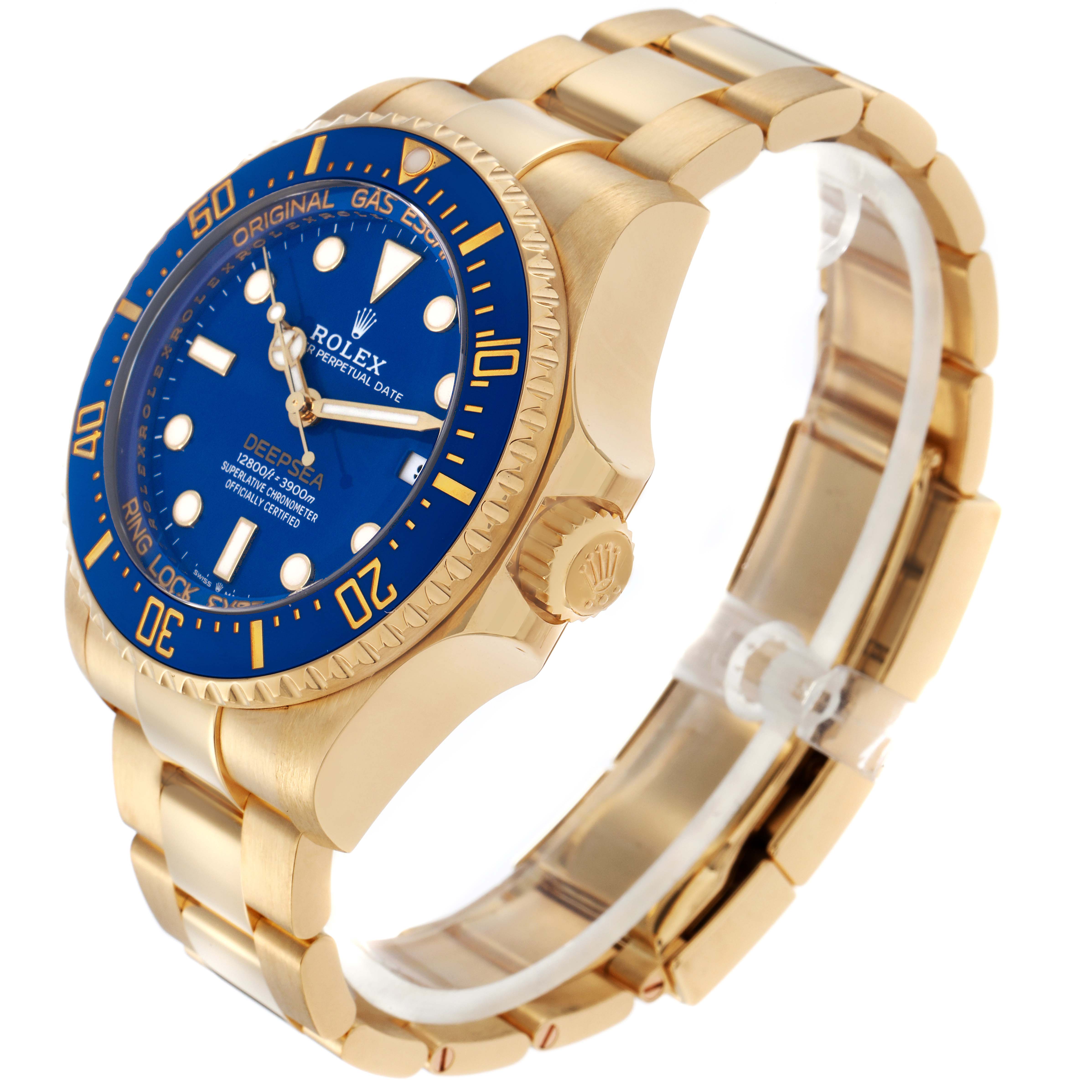 The Rolex Sea-Dweller 136668LB Men
s Yellow Gold Blue Dial 136668LB Men
s Yellow Gold Blue Dial watch is shown at a three-quarter angle, highlighting the face, bezel, crown, and bracelet.