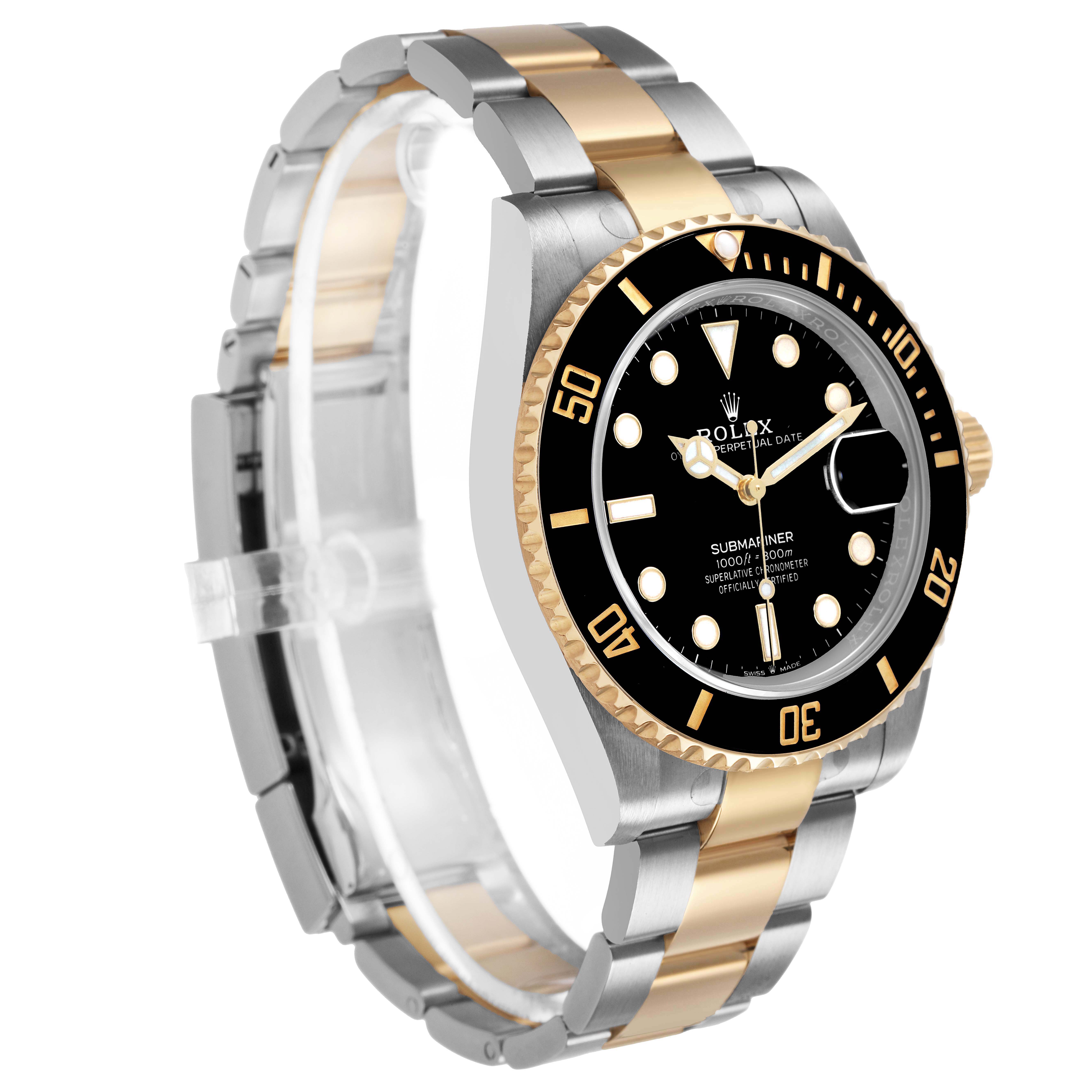 The Rolex Submariner 126613LN Men's Steel and Gold (two tone) Black Dial watch is shown at a front-side angle, displaying the bracelet, bezel, and dial.