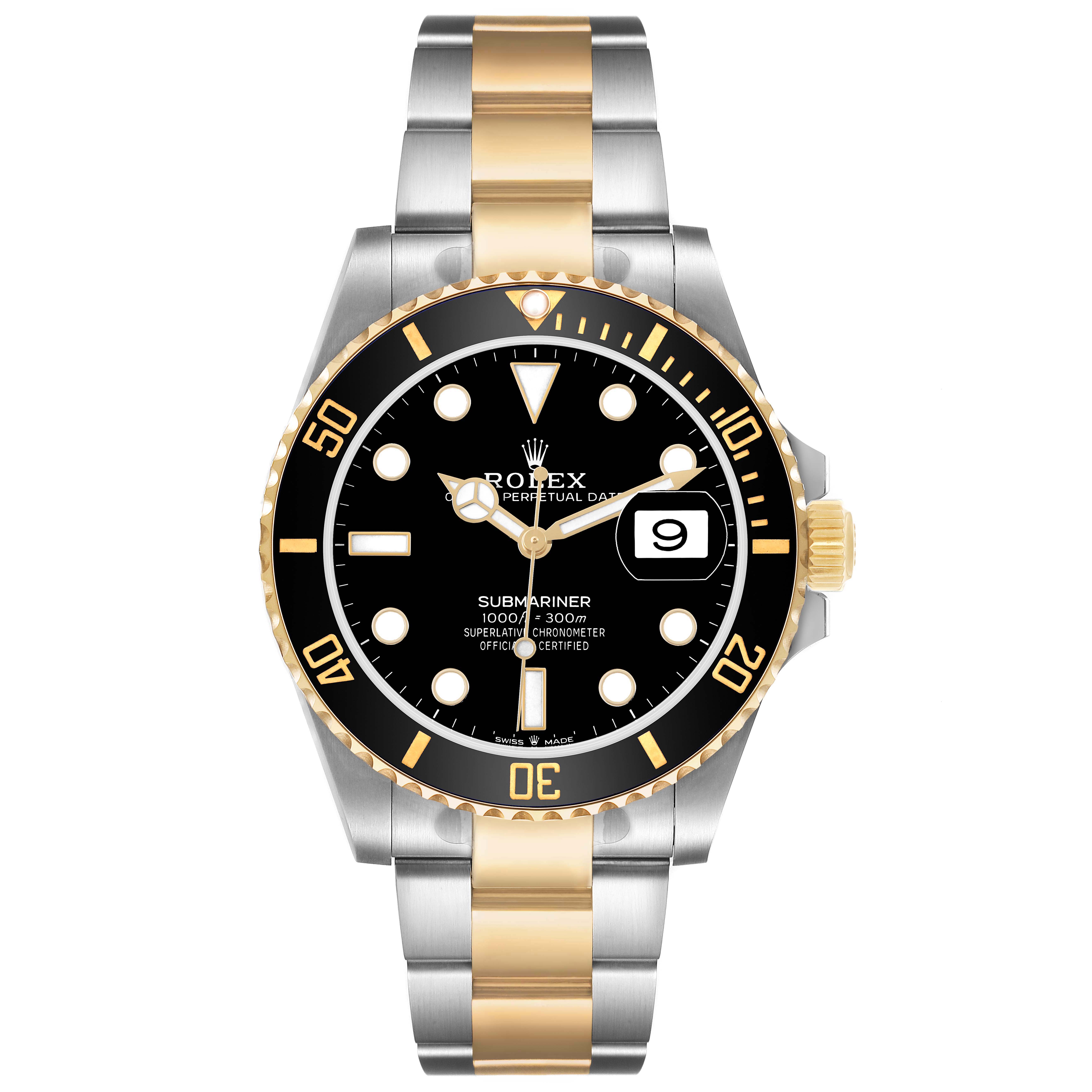 The Rolex Submariner 126613LN Men's Steel and Gold (two tone) Black Dial watch is shown from a front angle, highlighting its dial, bezel, and bracelet.