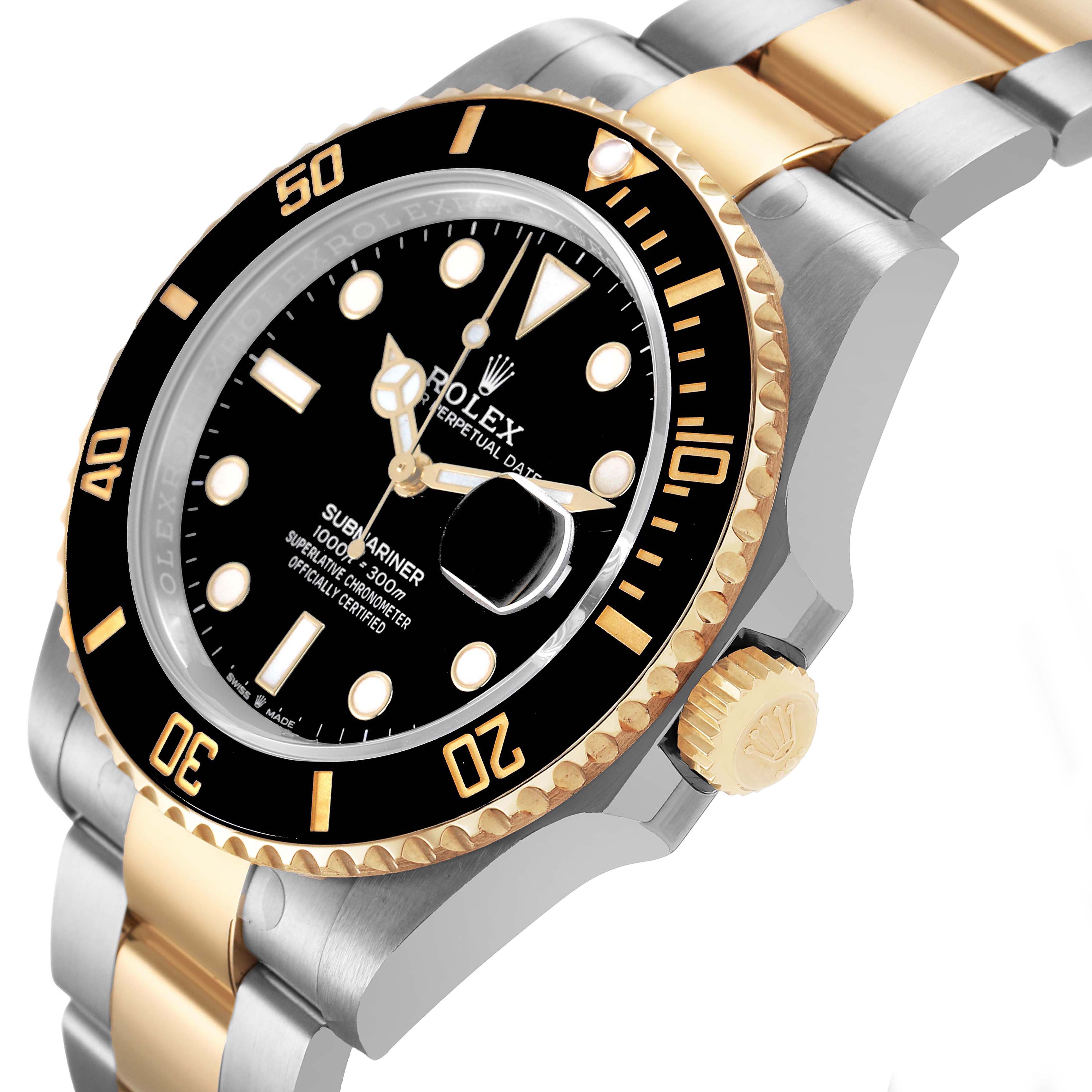 The Rolex Submariner 126613LN Men's Steel and Gold (two tone) Black Dial is shown at an angled view, highlighting the dial, bezel, and two-tone bracelet.