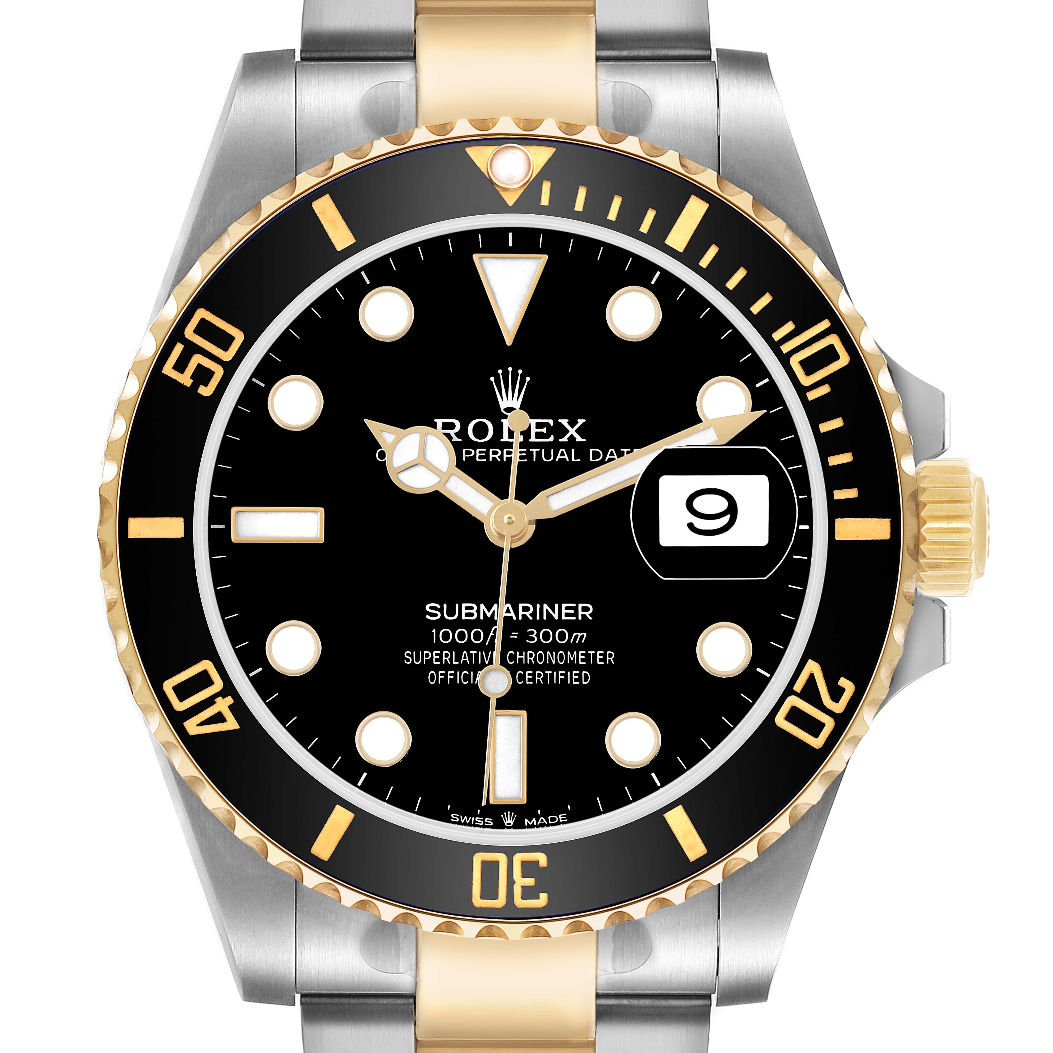 The Rolex Submariner 126613LN Men's Steel and Gold (two tone) Black Dial watch is shown from the front, displaying the dial, bezel, and part of the bracelet.