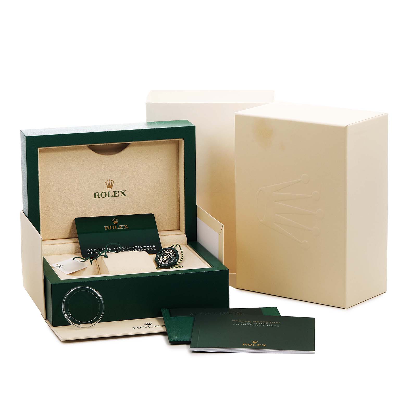 The image shows the Rolex Submariner 126613LN Men's Steel and Gold (two tone) Black Dial packaging at an angle, including the box, accessories, and documentation.