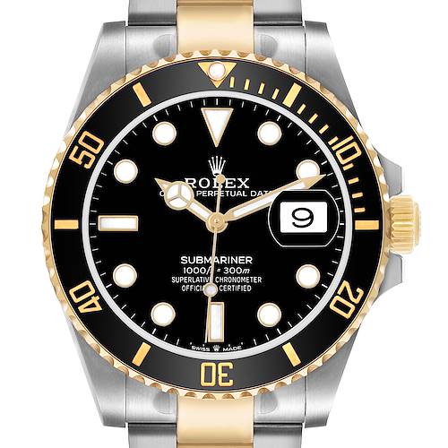 The Rolex Submariner 126613LN Men's Steel and Gold (two tone) Black Dial watch is shown from a front angle, displaying its dial, bezel, and part of the bracelet.