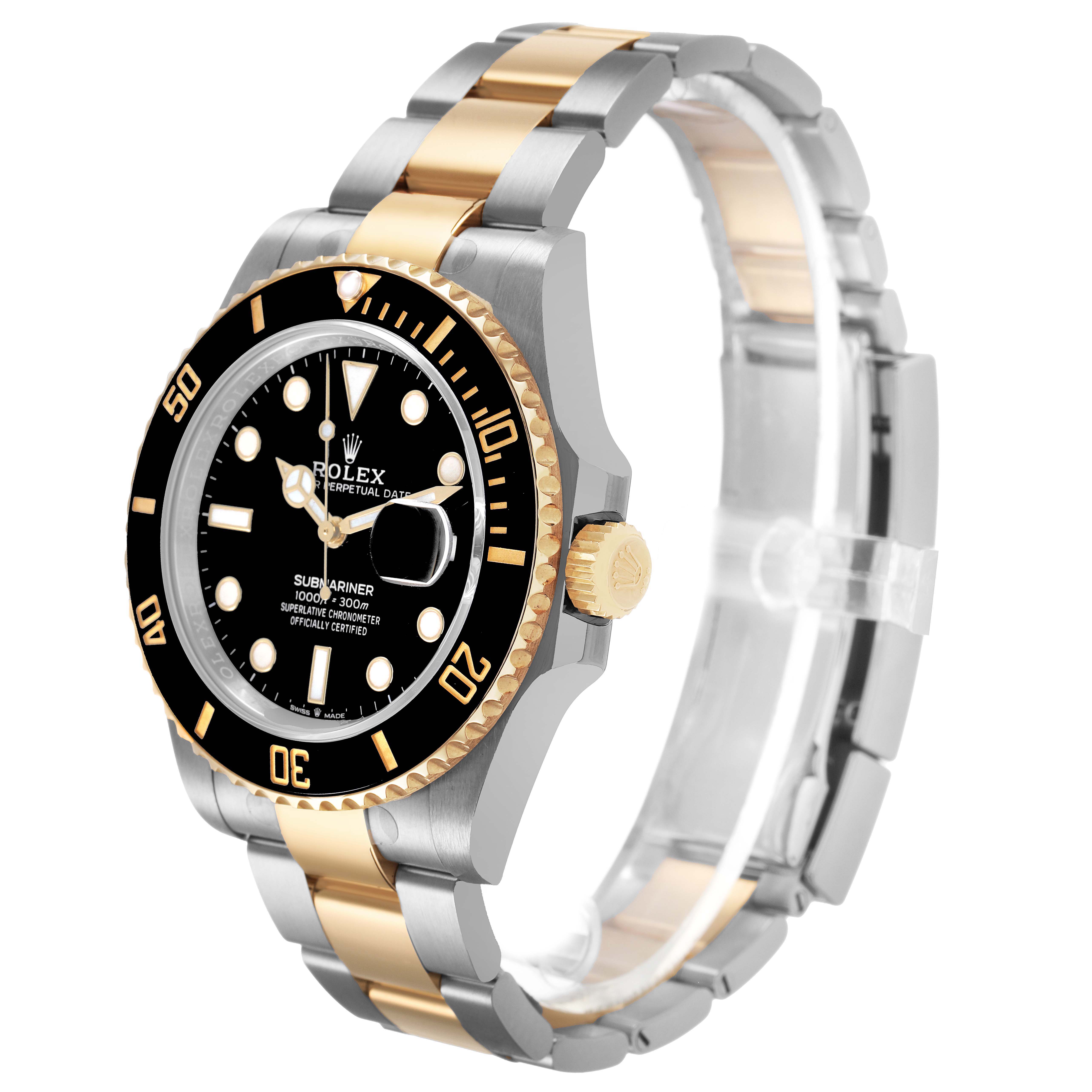 The Rolex Submariner 126613LN Men's Steel and Gold (two tone) Black Dial is shown at a three-quarter angle, detailing the bezel, crown, and two-tone bracelet.