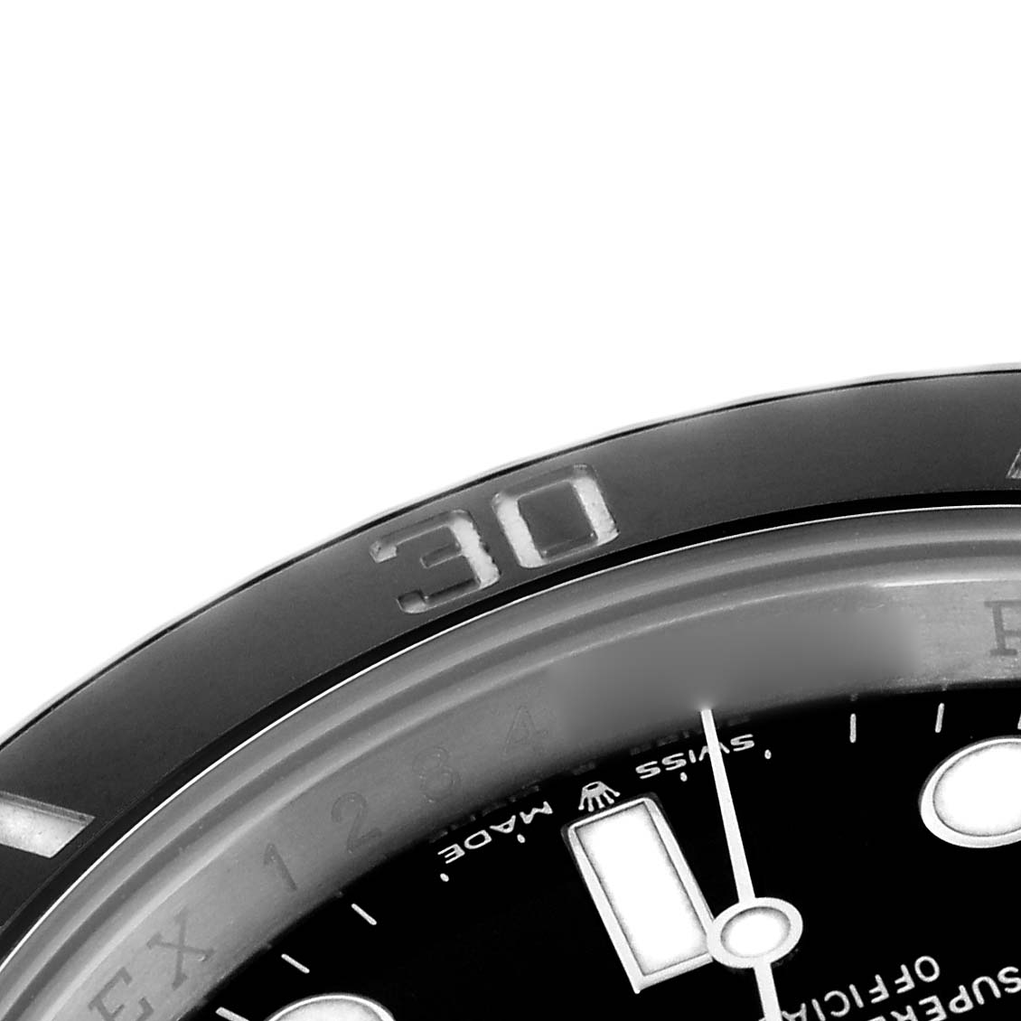 The image shows a close-up of the bezel and part of the dial of a Rolex Submariner 126610 Men
s Stainless Steel Black Dial 126610 Men
s Stainless Steel Black Dial watch, highlighting the "30" marker.