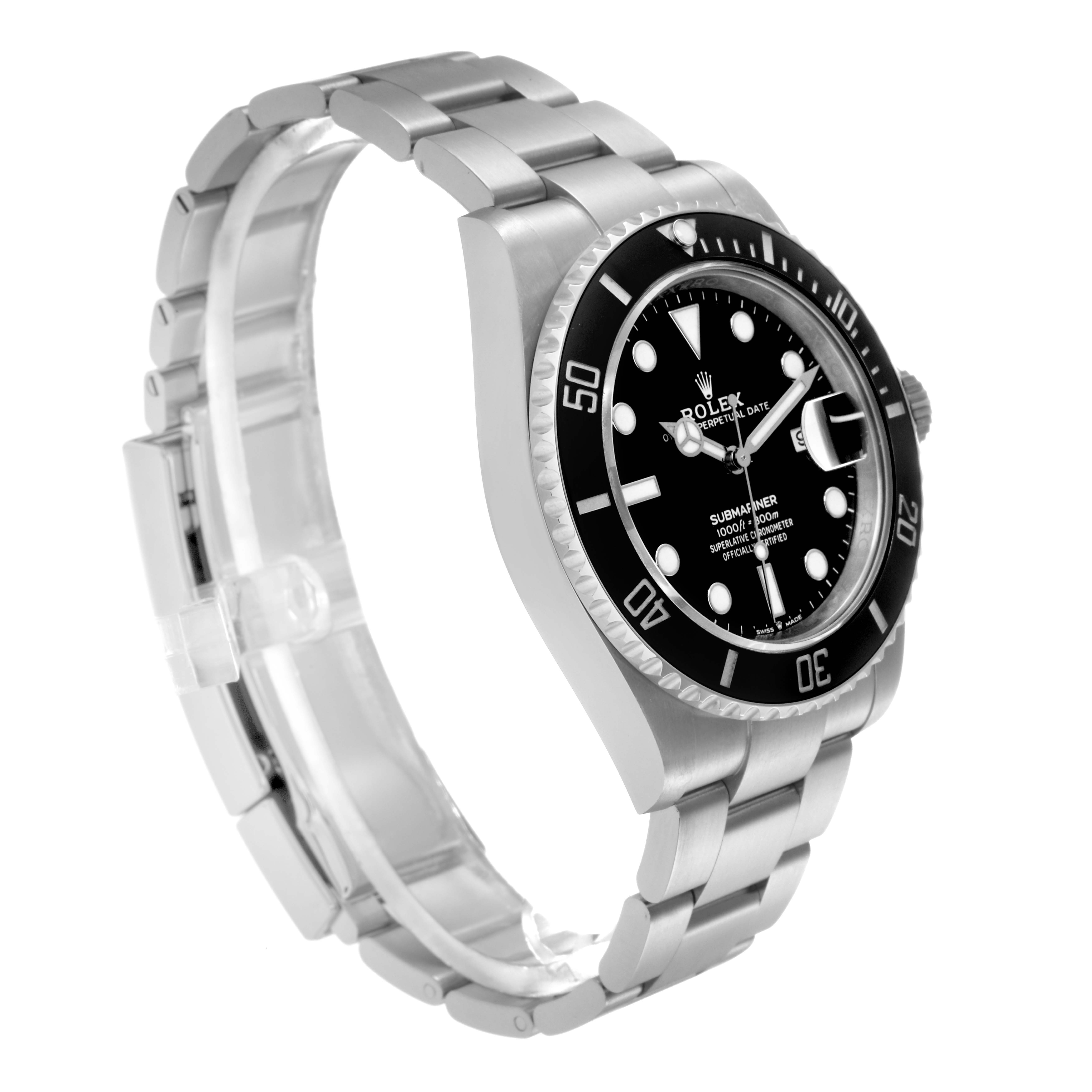 The Rolex Submariner 126610 Men
s Stainless Steel Black Dial 126610 Men
s Stainless Steel Black Dial is shown at a three-quarter angle, highlighting the bezel, dial, and bracelet.