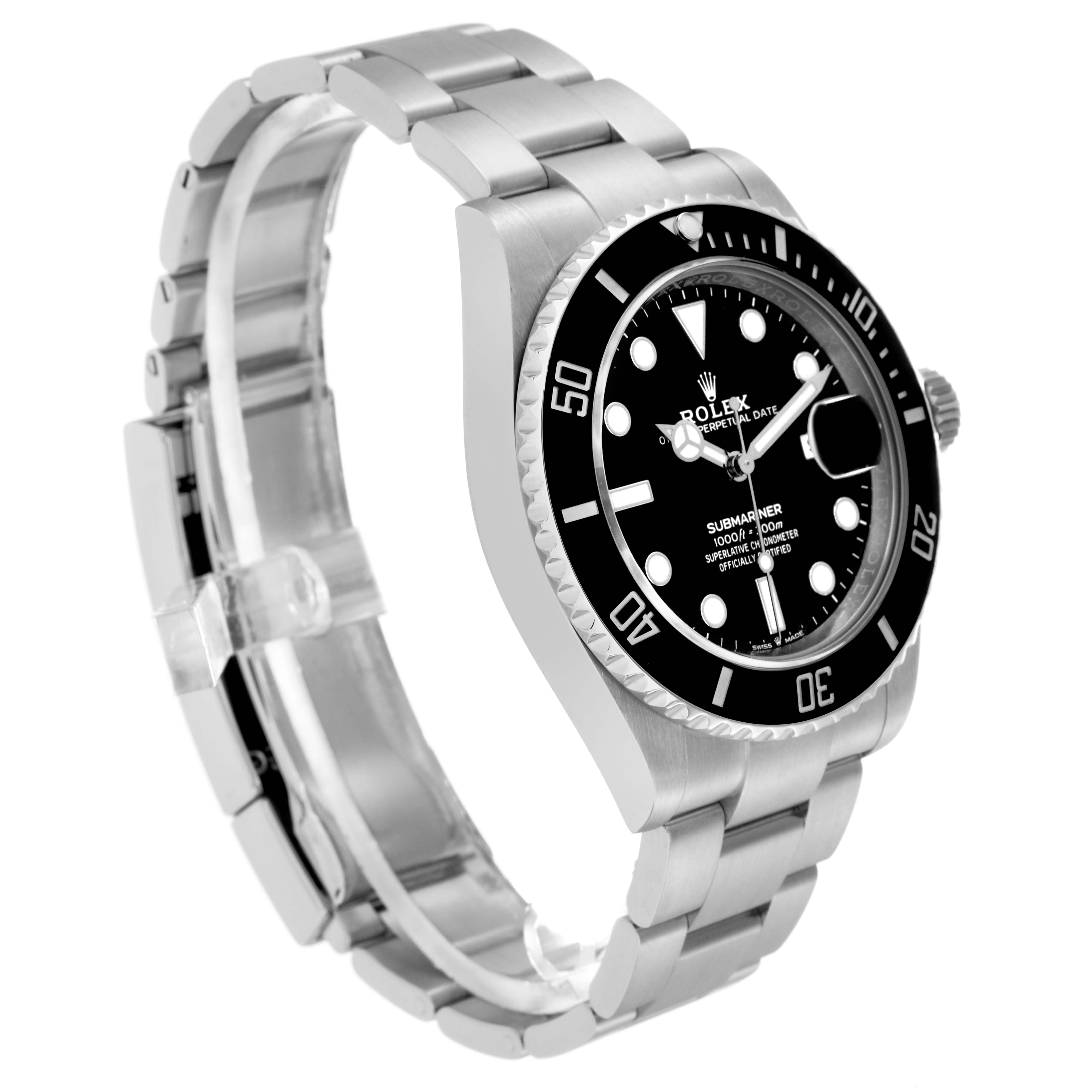 The Rolex Submariner 126610 Men
s Stainless Steel Black Dial 126610 Men
s Stainless Steel Black Dial is shown from a three-quarter angle, highlighting the dial, bezel, and stainless steel bracelet.