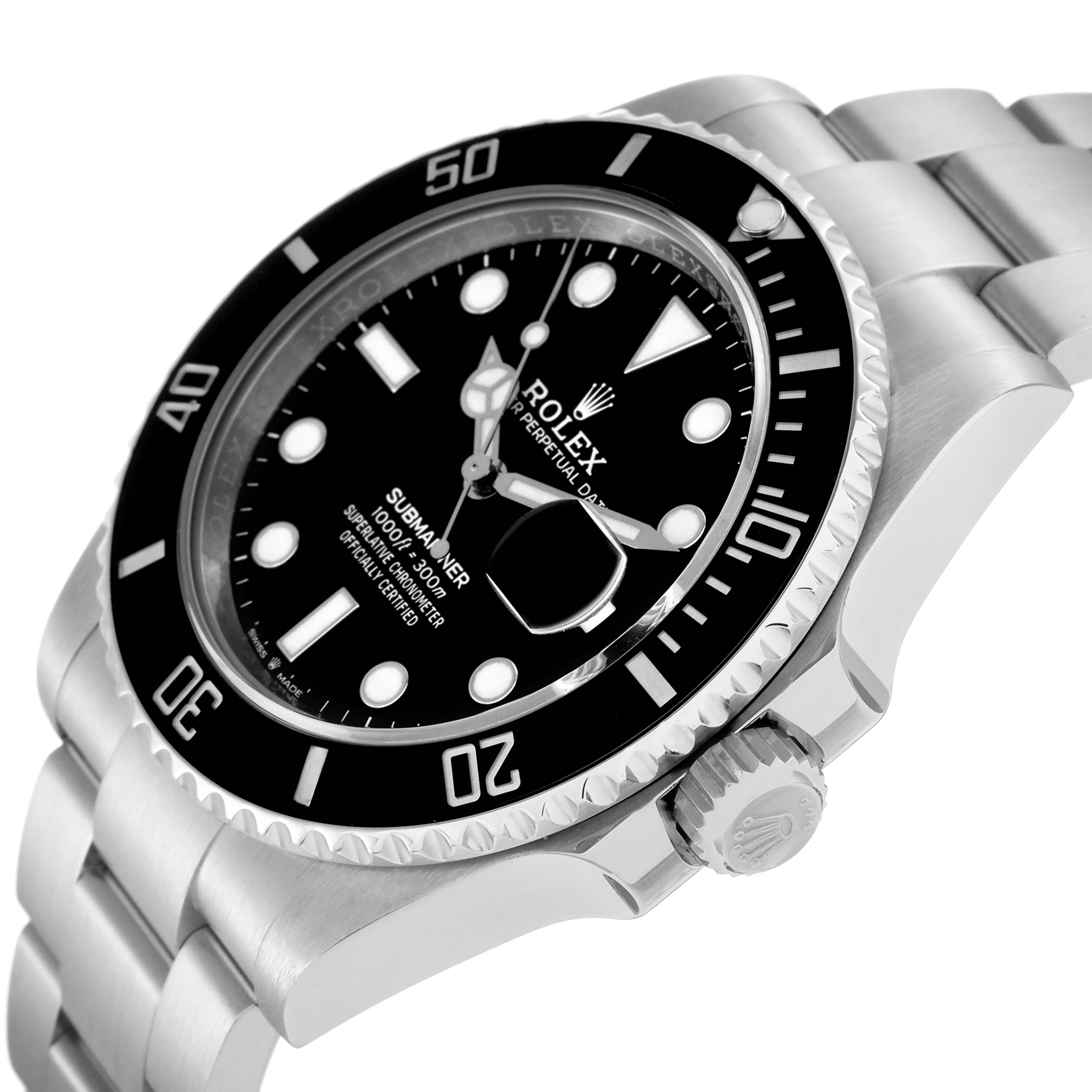 The Rolex Submariner 126610 Men
s Stainless Steel Black Dial 126610 Men
s Stainless Steel Black Dial watch is shown at an angled side view, displaying the face, bezel, bracelet, and crown.