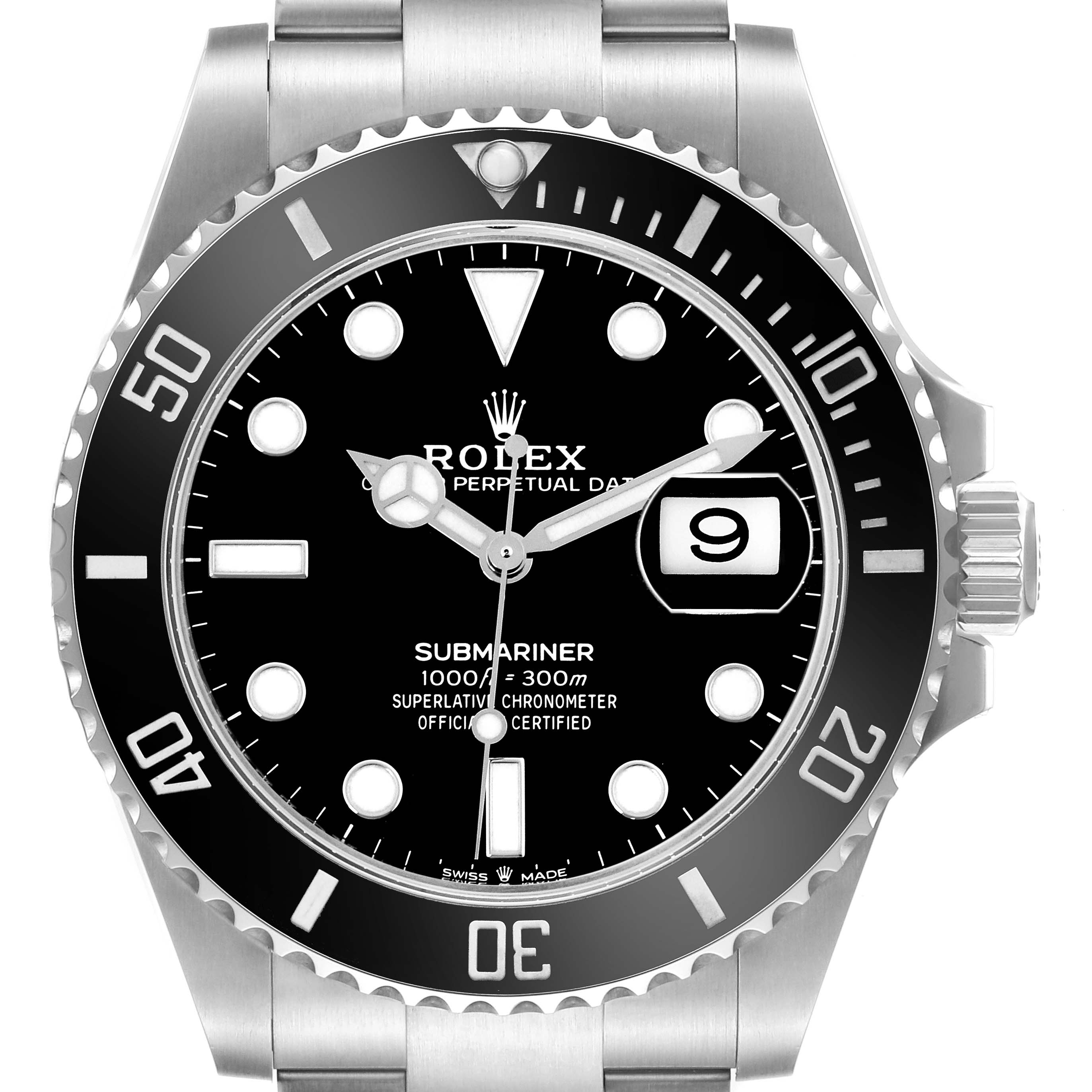 The Rolex Submariner 126610 Men
s Stainless Steel Black Dial 126610 Men
s Stainless Steel Black Dial is shown from a front view, highlighting the dial, bezel, hands, and date window.