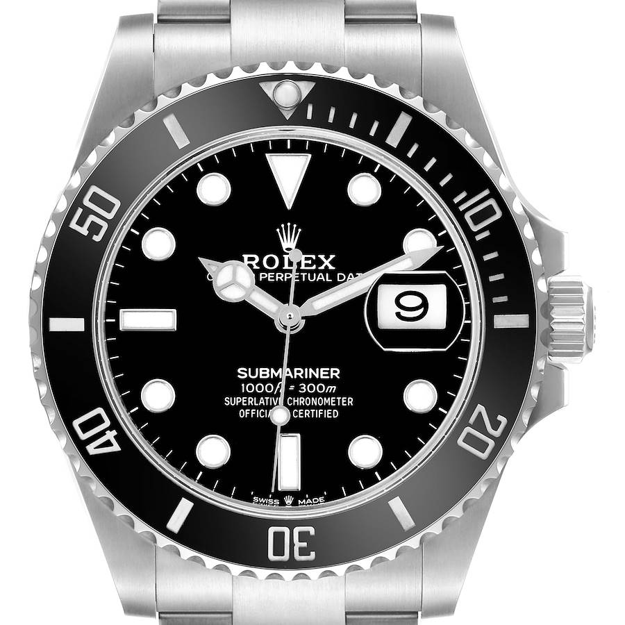 The Rolex Submariner is shown from a front view, highlighting the dial, bezel, hands, and date window.