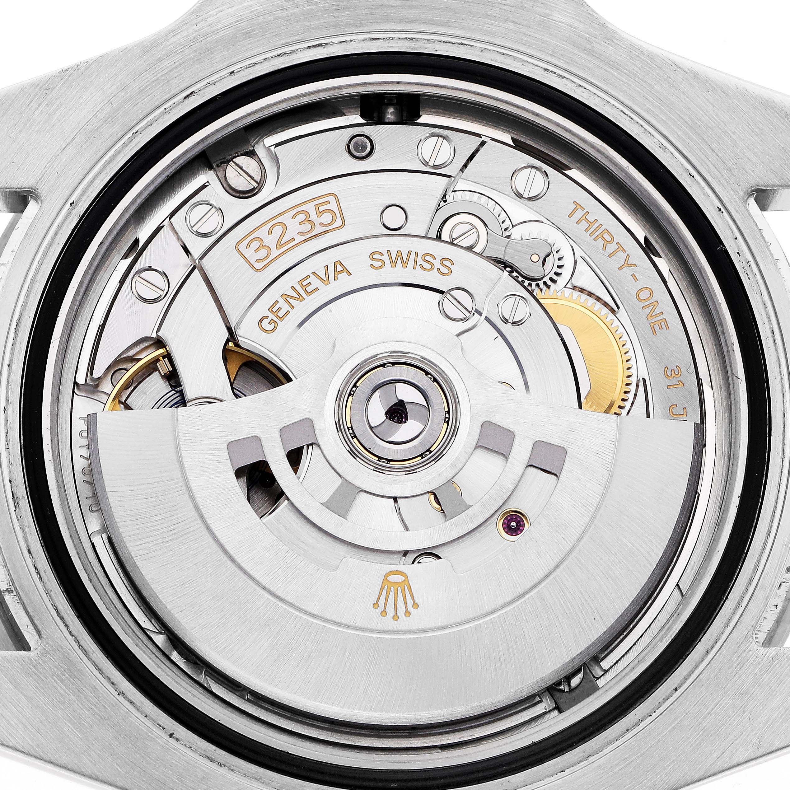 The image shows the back of a Rolex Submariner 126610 Men
s Stainless Steel Black Dial 126610 Men
s Stainless Steel Black Dial, focusing on the movement and rotor mechanism.