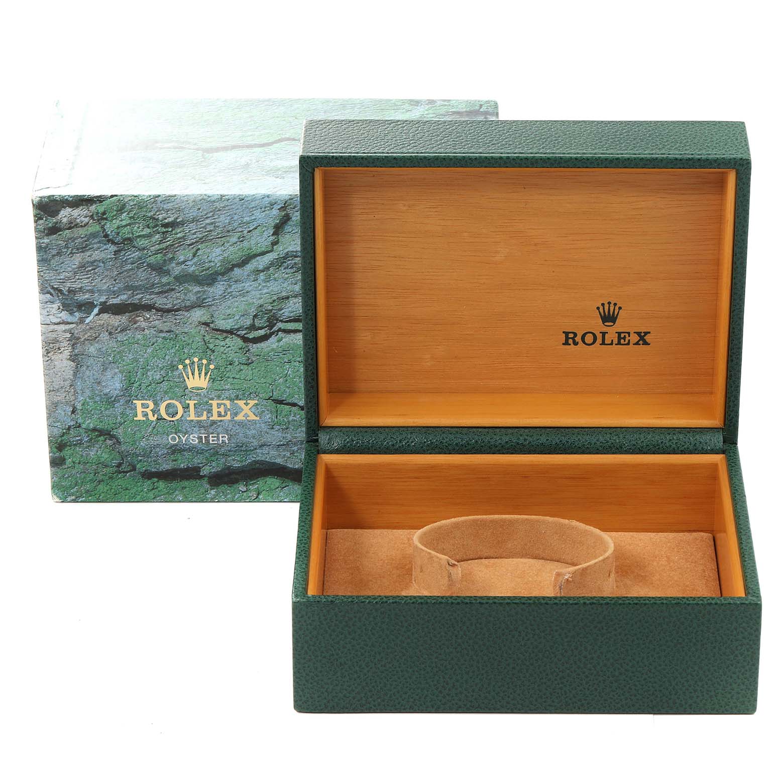 The image shows an open Rolex Submariner 16613 Men
s Steel and Gold (two tone) Blue Dial 16613 Men
s Steel and Gold (two tone) Blue Dial watch box and its outer packaging from a front angle.