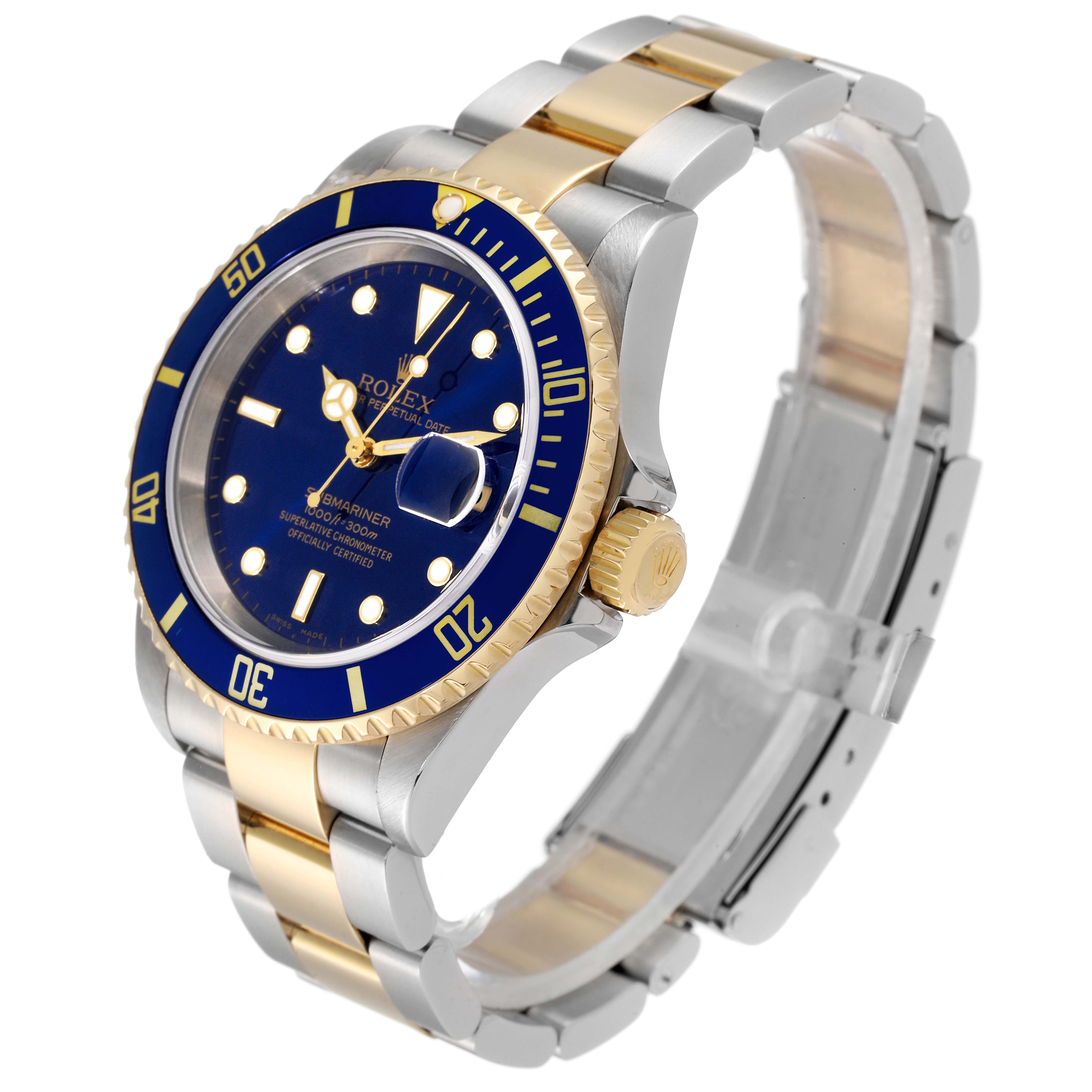 The image shows a Rolex Submariner 16613 Men
s Steel and Gold (two tone) Blue Dial 16613 Men
s Steel and Gold (two tone) Blue Dial watch from a front angle, highlighting the bezel, face, crown, and part of the bracelet.