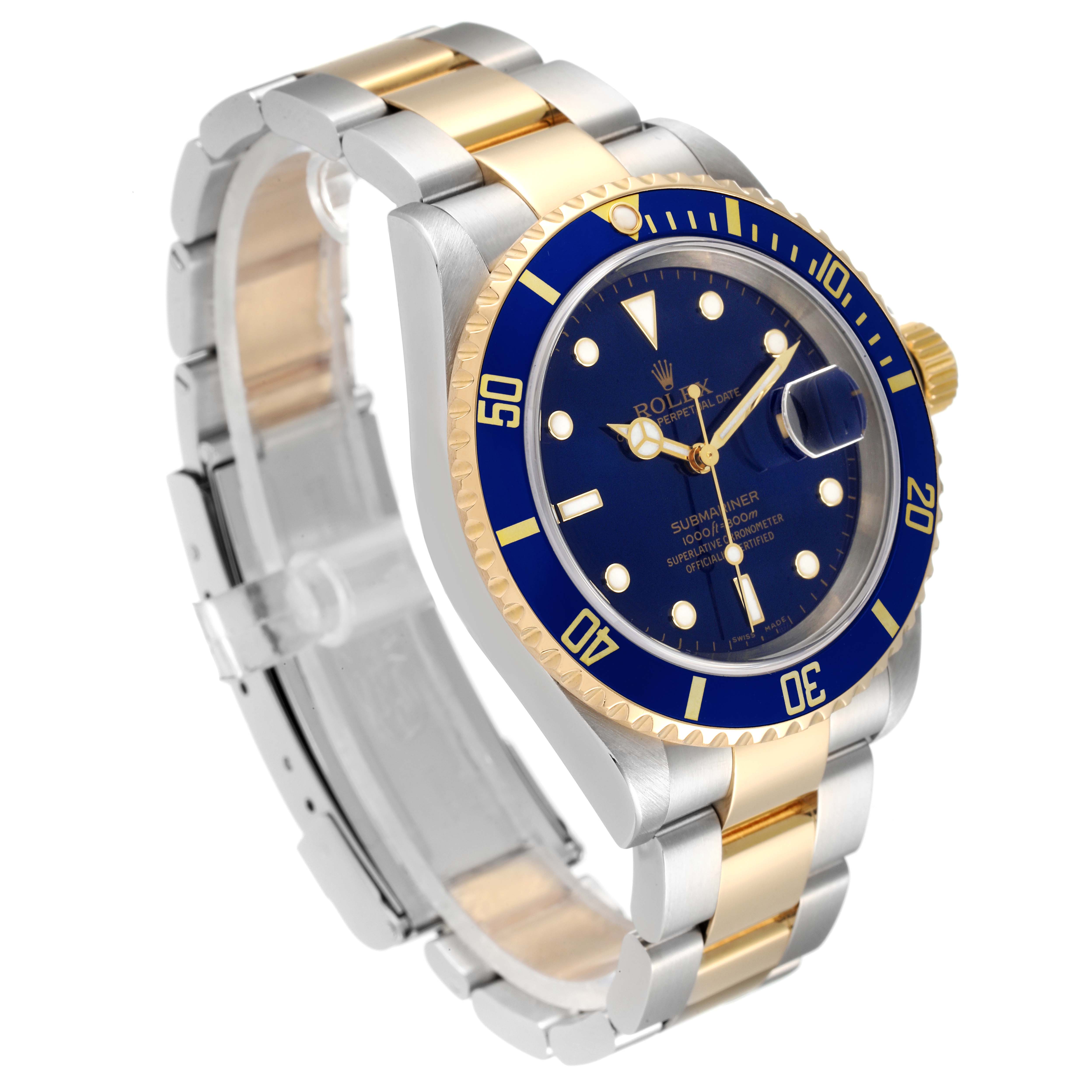 The image shows a Rolex Submariner 16613 Men
s Steel and Gold (two tone) Blue Dial 16613 Men
s Steel and Gold (two tone) Blue Dial watch; angled to display its blue dial, bezel, and two-tone bracelet.
