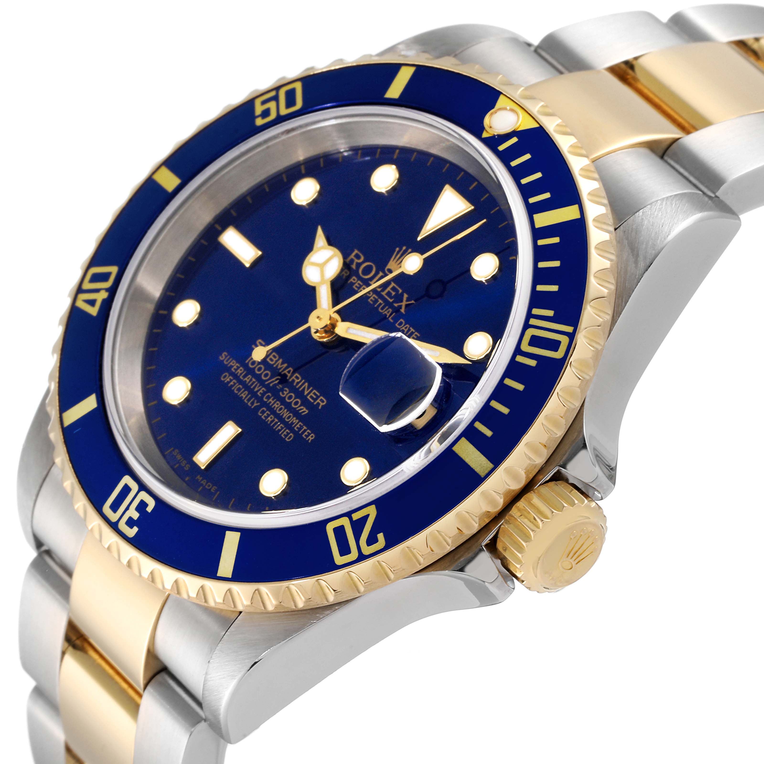The image shows a close-up view of the Rolex Submariner 16613 Men
s Steel and Gold (two tone) Blue Dial 16613 Men
s Steel and Gold (two tone) Blue Dial watch, highlighting its blue dial, gold bezel, and part of its bracelet.