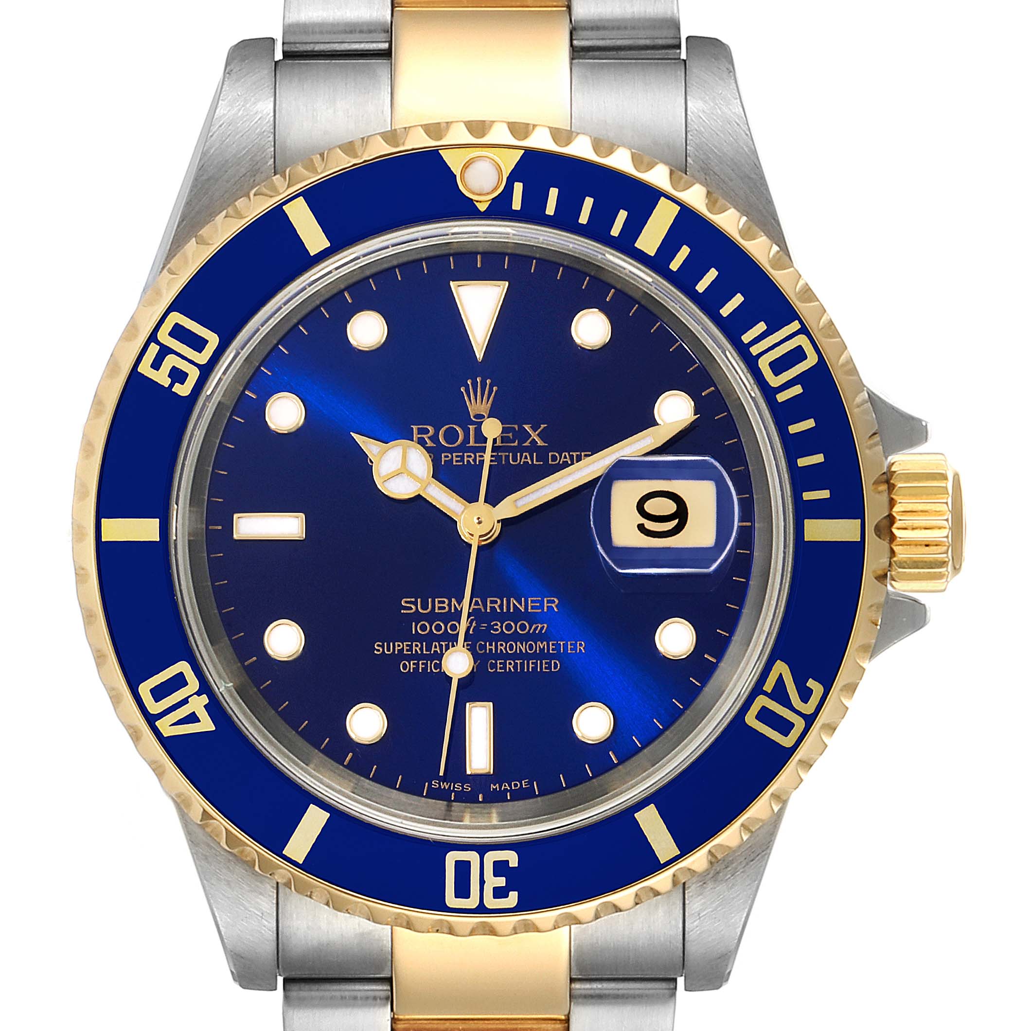 The image shows a frontal view of the Rolex Submariner 16613 Men
s Steel and Gold (two tone) Blue Dial 16613 Men
s Steel and Gold (two tone) Blue Dial watch, displaying its blue dial, gold details, and stainless steel bracelet.