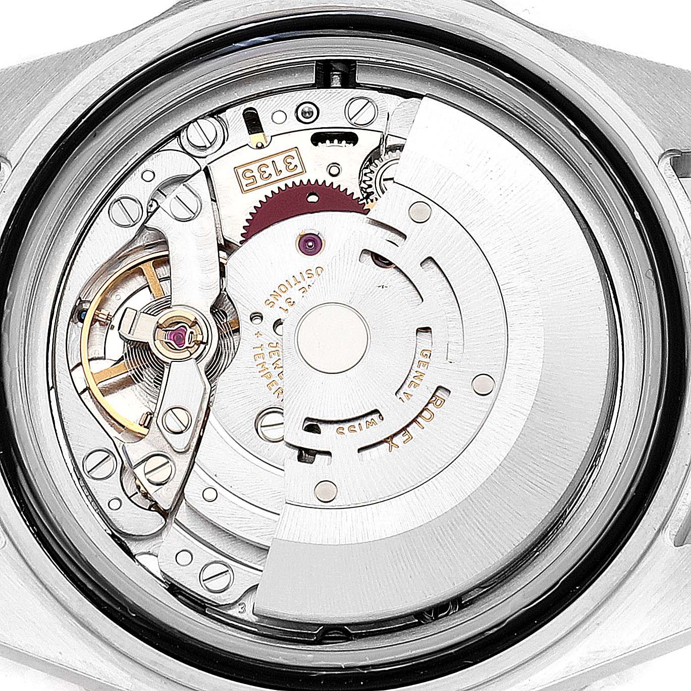 The image shows the intricate internal mechanism and movement parts of a Rolex Submariner 16613 Men
s Steel and Gold (two tone) Blue Dial 16613 Men
s Steel and Gold (two tone) Blue Dial watch, viewed from the back.