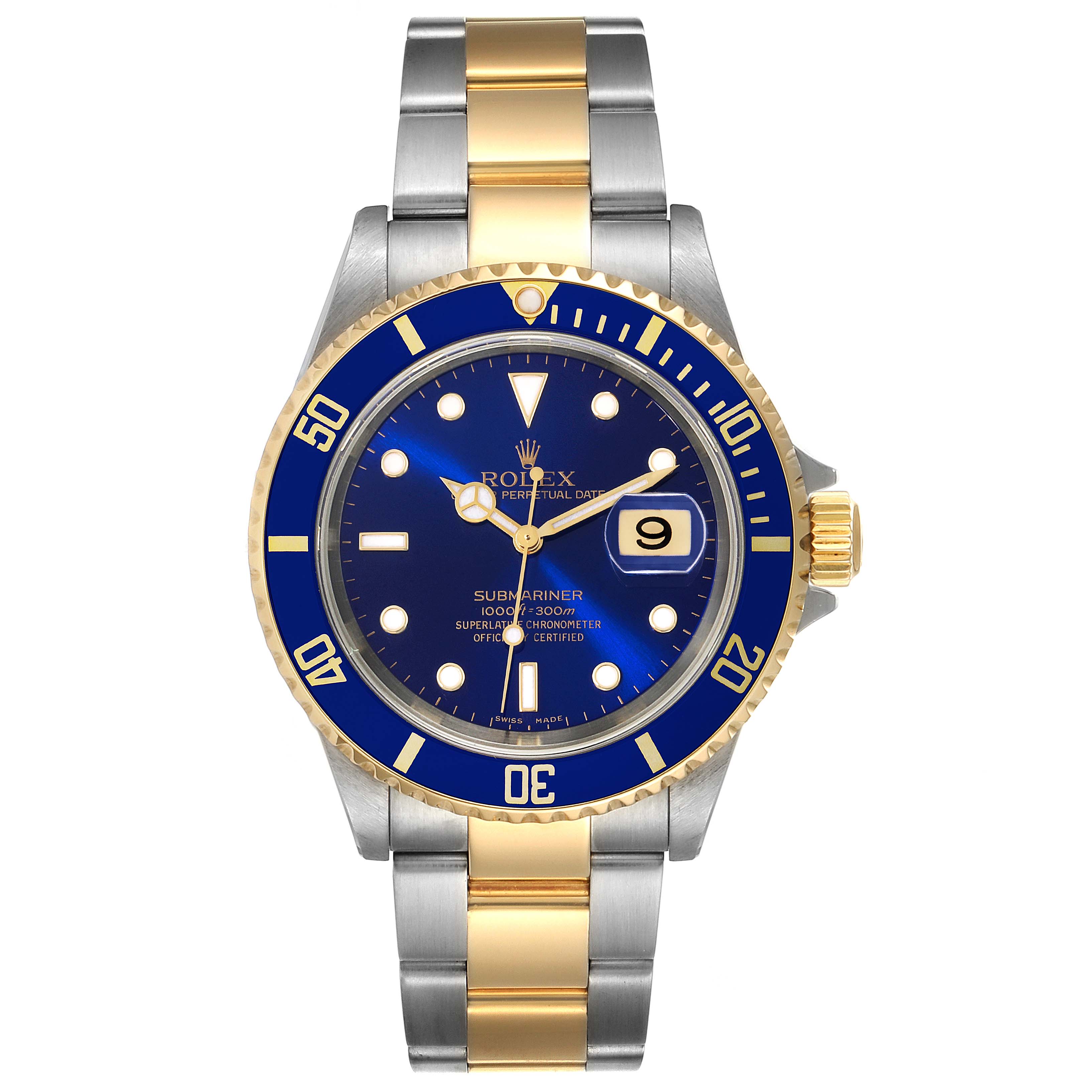 The image shows a front view of a Rolex Submariner 16613 Men
s Steel and Gold (two tone) Blue Dial 16613 Men
s Steel and Gold (two tone) Blue Dial watch, displaying the dial, bezel, and bracelet.