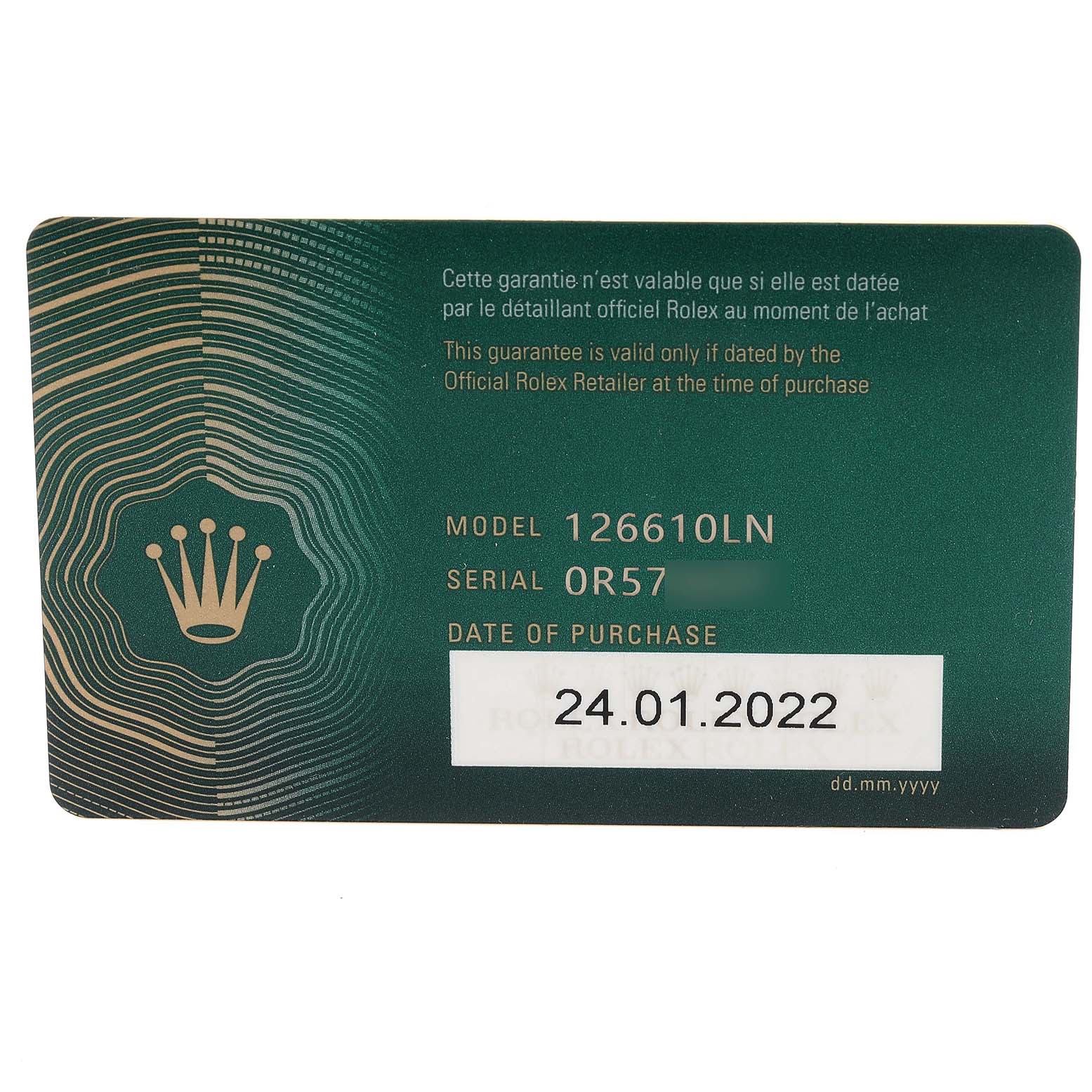This image shows a warranty card for a Rolex Submariner 126610 Men
s Stainless Steel Black Dial 126610 Men
s Stainless Steel Black Dial model 126610LN, with purchase date 24.01.2022.