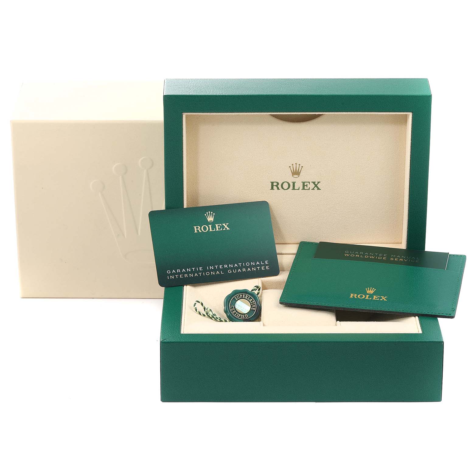 The image shows the packaging and accessories for a Rolex Submariner 126610 Men
s Stainless Steel Black Dial 126610 Men
s Stainless Steel Black Dial watch, including boxes, tags, and guarantee cards.
