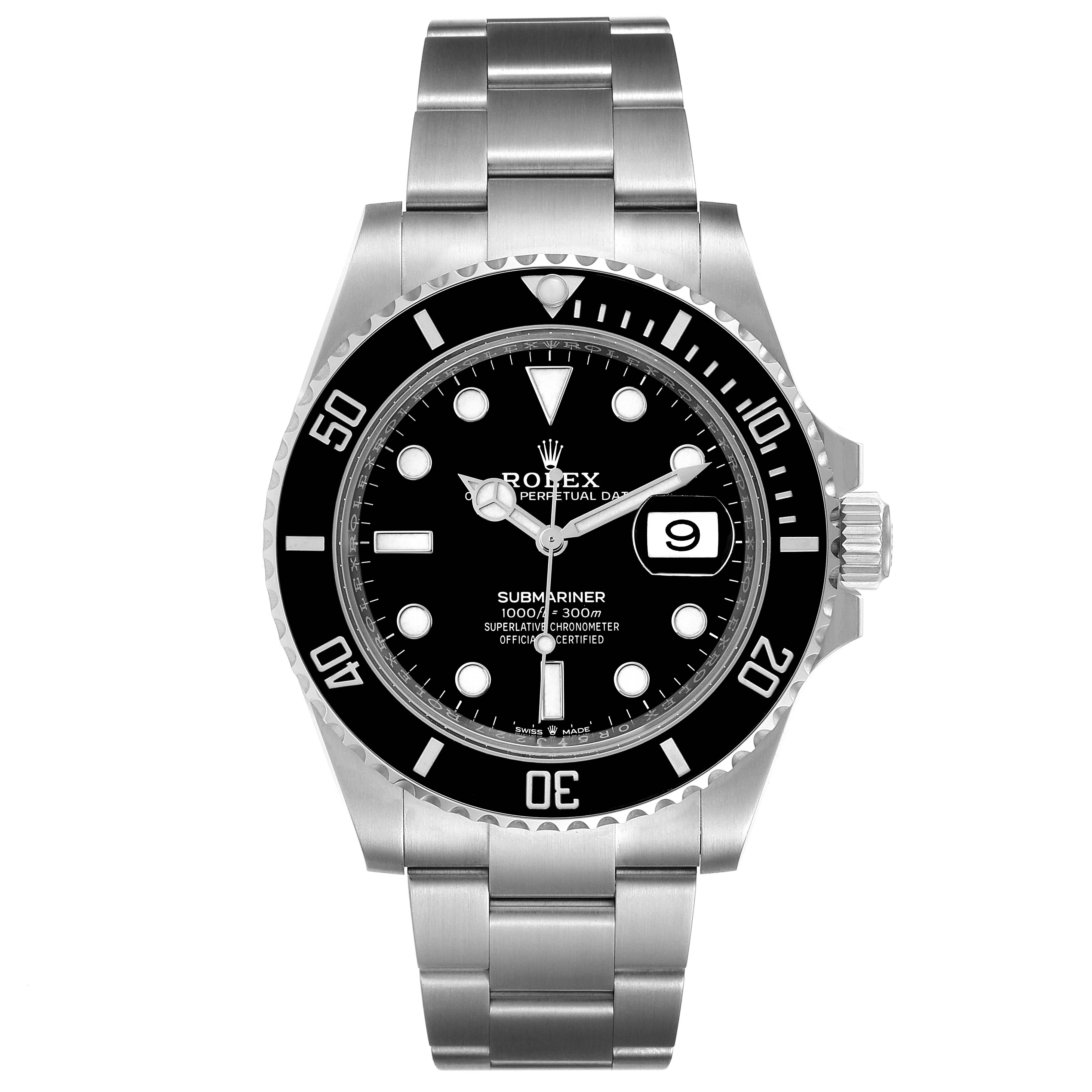 The image shows a front view of a Rolex Submariner 126610 Men
s Stainless Steel Black Dial 126610 Men
s Stainless Steel Black Dial watch, displaying the dial, bezel, and bracelet.