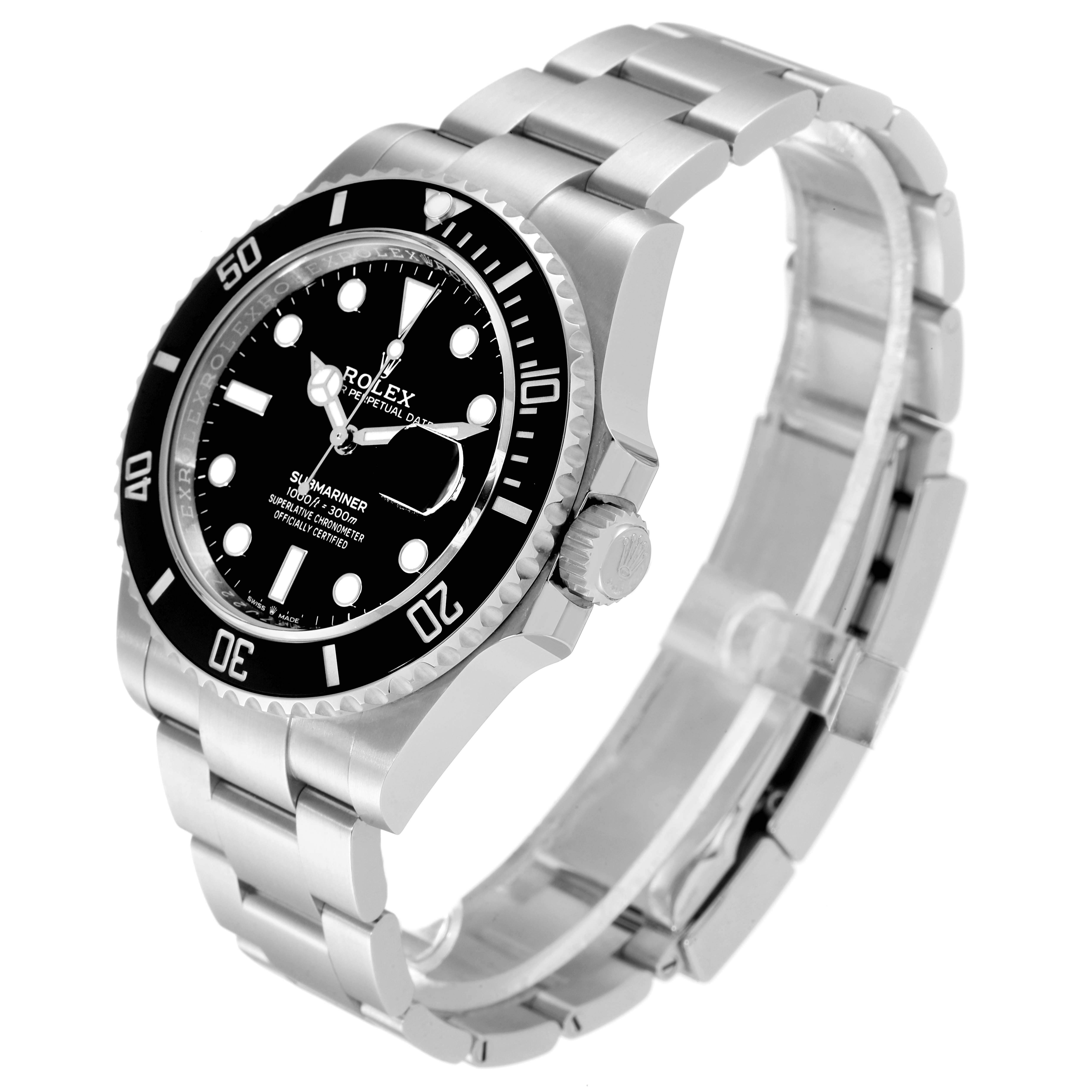 The image shows a Rolex Submariner 126610 Men
s Stainless Steel Black Dial 126610 Men
s Stainless Steel Black Dial watch at an angle highlighting its black dial, bezel, crown, and stainless steel bracelet.