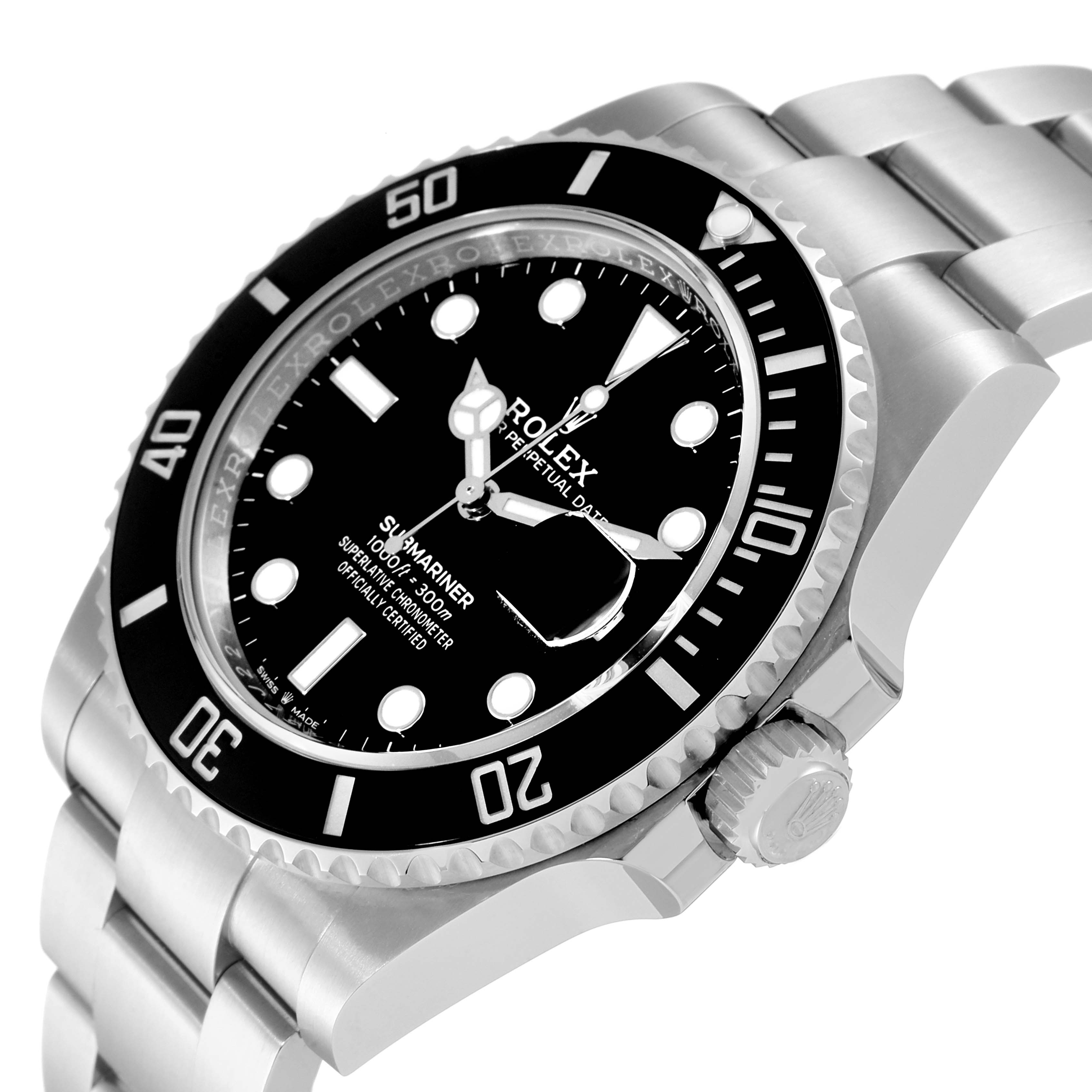 This image shows a Rolex Submariner 126610 Men
s Stainless Steel Black Dial 126610 Men
s Stainless Steel Black Dial watch featuring its bezel, dial, crown, and bracelet from an angled side view.
