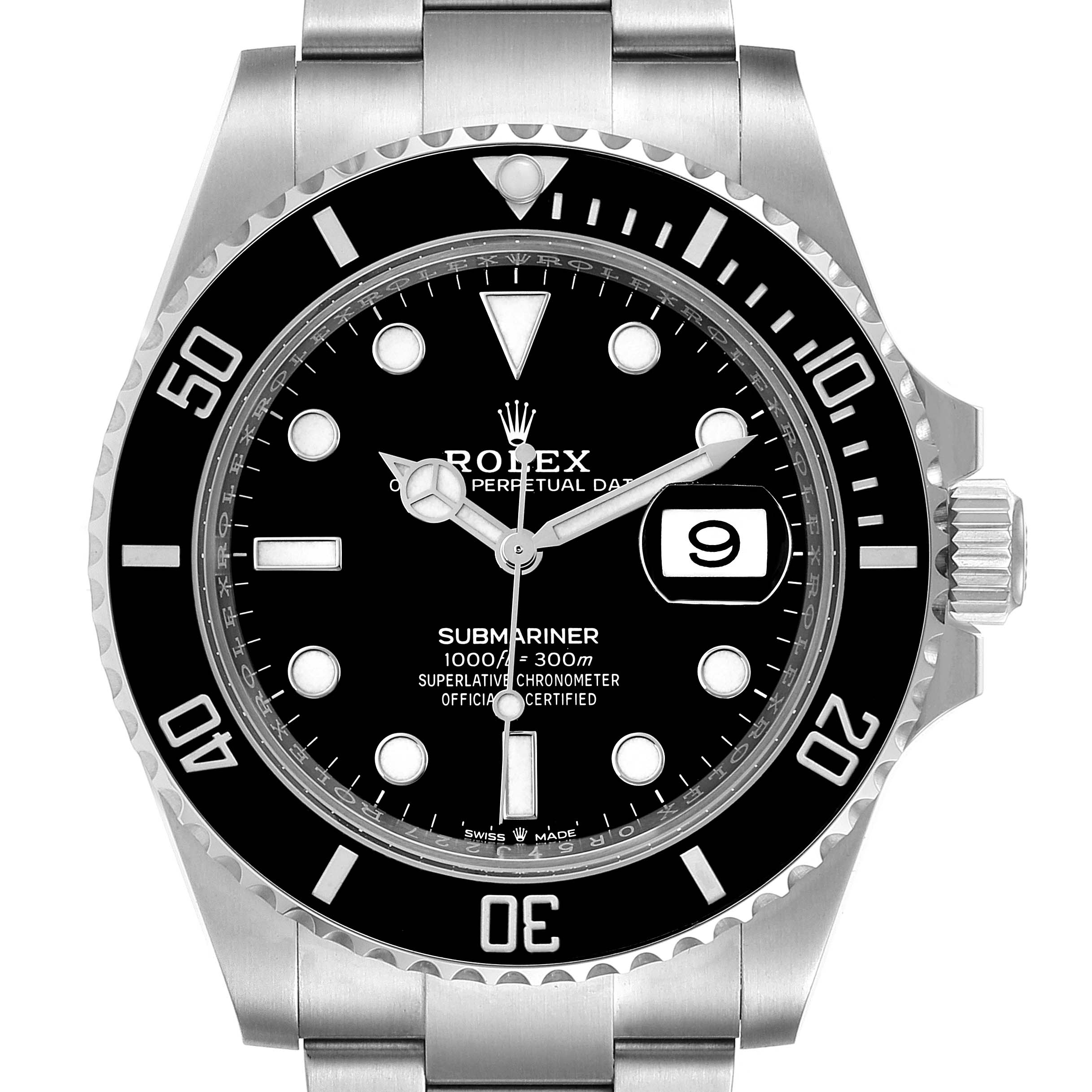 The image shows a front view of a Rolex Submariner 126610 Men
s Stainless Steel Black Dial 126610 Men
s Stainless Steel Black Dial watch with a black dial and bezel, showcasing the date window and crown.