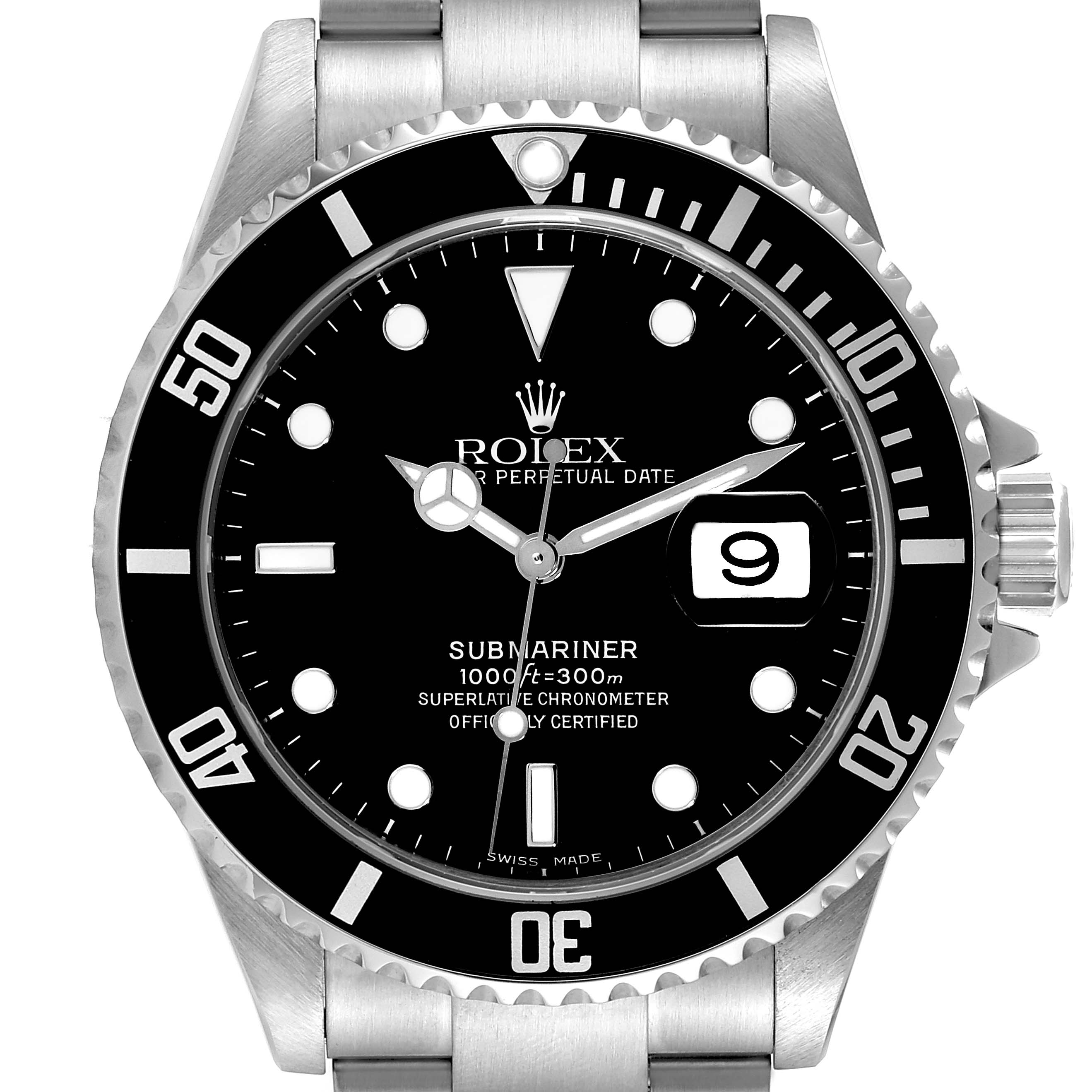 This image shows a front view of the Rolex Submariner 16610 Men's Stainless Steel Black Dial 16610 Men's Stainless Steel Black Dial watch, featuring the dial, bezel, hands, and bracelet.
