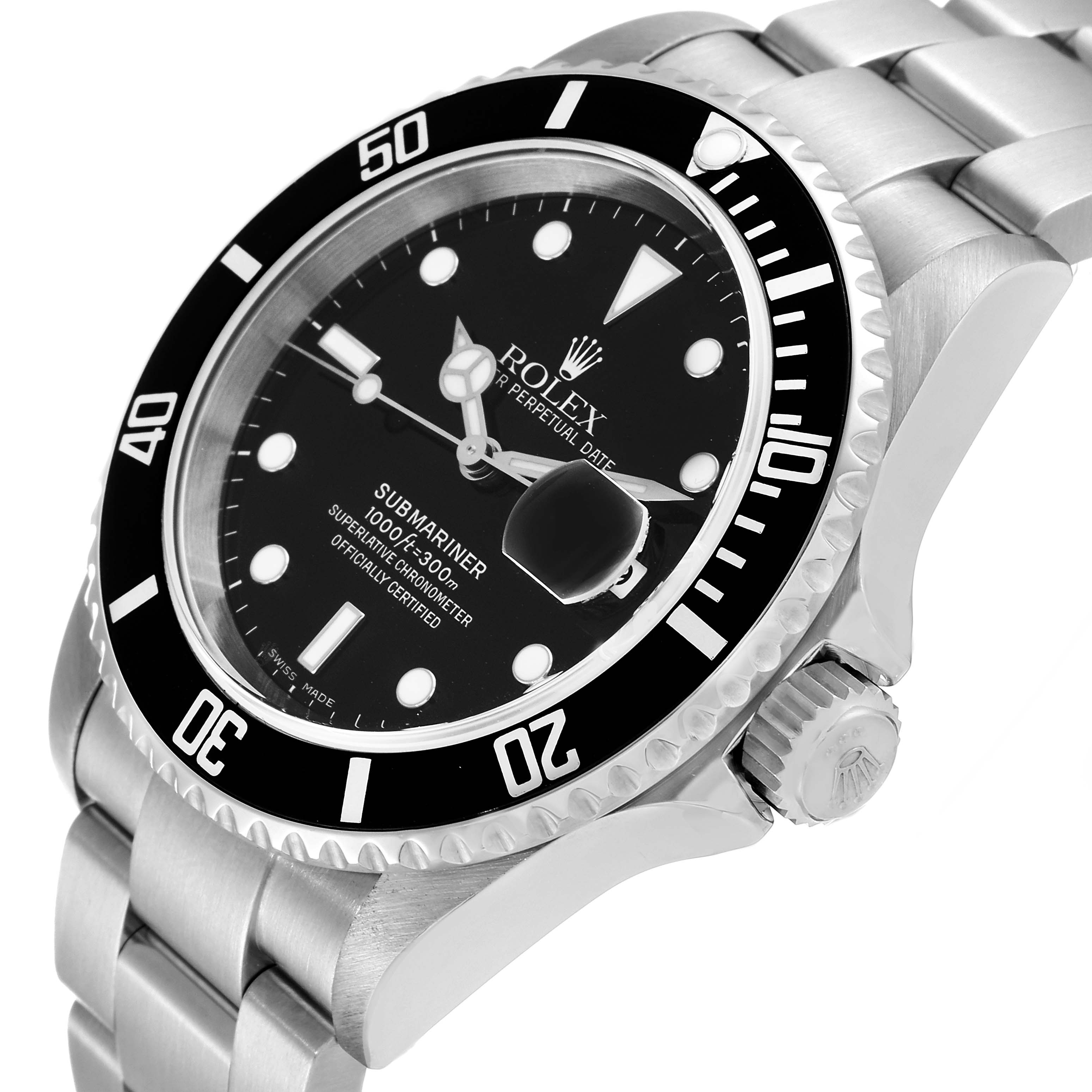 This image shows a Rolex Submariner 16610 Men's Stainless Steel Black Dial 16610 Men's Stainless Steel Black Dial watch at an angled view highlighting the dial, bezel, crown, and bracelet.