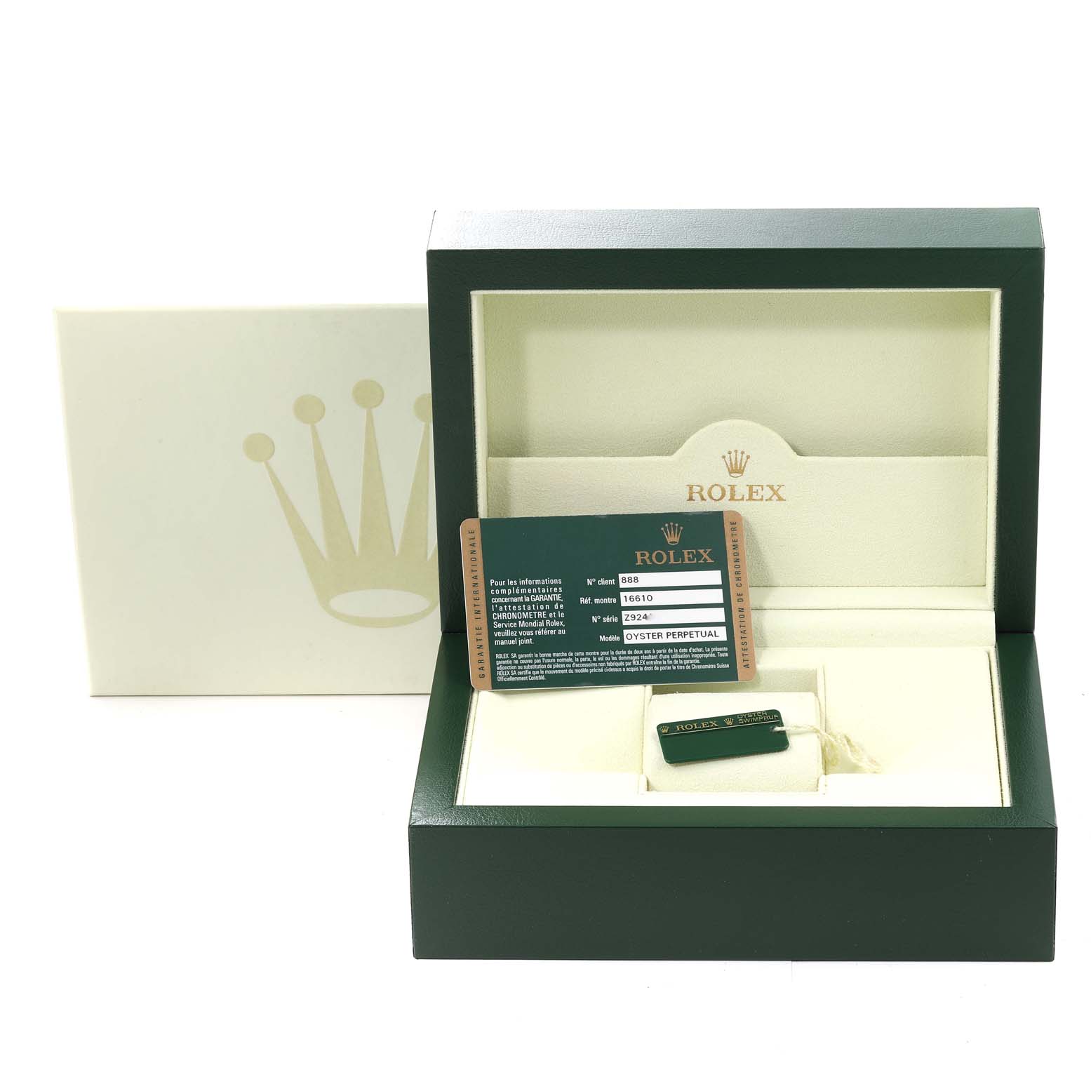 The image shows the packaging, warranty card, and tag for a Rolex Submariner 16610 Men's Stainless Steel Black Dial 16610 Men's Stainless Steel Black Dial model.